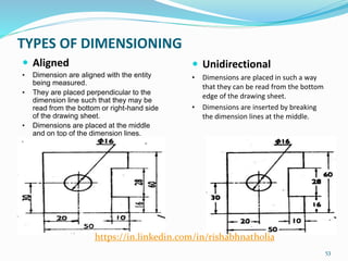 TYPES OF DIMENSIONING
 Aligned
• Dimension are aligned with the entity
being measured.
• They are placed perpendicular to the
dimension line such that they may be
read from the bottom or right-hand side
of the drawing sheet.
• Dimensions are placed at the middle
and on top of the dimension lines.
53
 Unidirectional
• Dimensions are placed in such a way
that they can be read from the bottom
edge of the drawing sheet.
• Dimensions are inserted by breaking
the dimension lines at the middle.
https://in.linkedin.com/in/rishabhnatholia
 