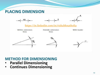 PLACING DIMENSION
54
METHOD FOR DIMENSIONING
• Parallel Dimensioning
• Continues Dimensioning
https://in.linkedin.com/in/rishabhnatholia
 