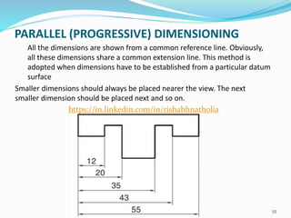 PARALLEL (PROGRESSIVE) DIMENSIONING
All the dimensions are shown from a common reference line. Obviously,
all these dimensions share a common extension line. This method is
adopted when dimensions have to be established from a particular datum
surface
Smaller dimensions should always be placed nearer the view. The next
smaller dimension should be placed next and so on.
55
https://in.linkedin.com/in/rishabhnatholia
 