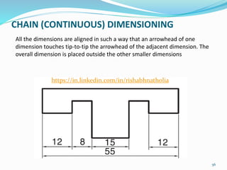 CHAIN (CONTINUOUS) DIMENSIONING
56
All the dimensions are aligned in such a way that an arrowhead of one
dimension touches tip-to-tip the arrowhead of the adjacent dimension. The
overall dimension is placed outside the other smaller dimensions
https://in.linkedin.com/in/rishabhnatholia
 