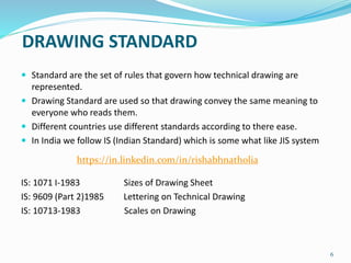 DRAWING STANDARD
 Standard are the set of rules that govern how technical drawing are
represented.
 Drawing Standard are used so that drawing convey the same meaning to
everyone who reads them.
 Different countries use different standards according to there ease.
 In India we follow IS (Indian Standard) which is some what like JIS system
IS: 1071 I-1983 Sizes of Drawing Sheet
IS: 9609 (Part 2)1985 Lettering on Technical Drawing
IS: 10713-1983 Scales on Drawing
6
https://in.linkedin.com/in/rishabhnatholia
 
