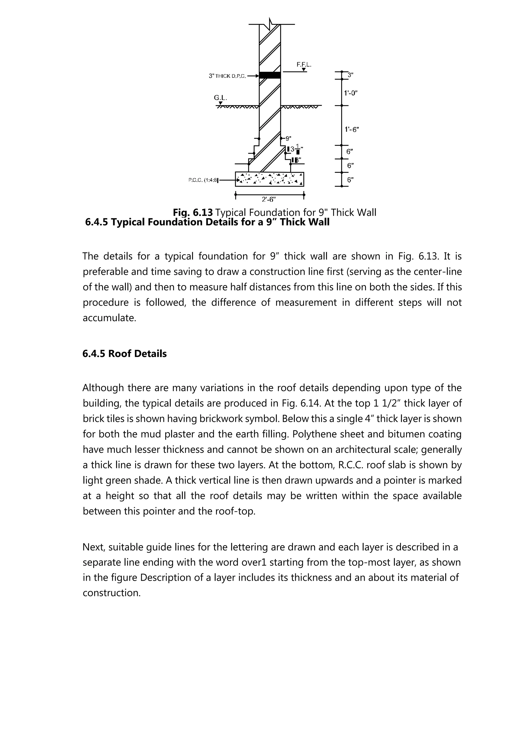 6.4.5 Typical Foundation Details for a 9” Thick Wall
The details for a typical foundation for 9” thick wall are shown in Fig. 6.13. It is
preferable and time saving to draw a construction line first (serving as the center-line
of the wall) and then to measure half distances from this line on both the sides. If this
procedure is followed, the difference of measurement in different steps will not
accumulate.
6.4.5 Roof Details
Although there are many variations in the roof details depending upon type of the
building, the typical details are produced in Fig. 6.14. At the top 1 1/2” thick layer of
brick tiles is shown having brickwork symbol. Below this a single 4” thick layer is shown
for both the mud plaster and the earth filling. Polythene sheet and bitumen coating
have much lesser thickness and cannot be shown on an architectural scale; generally
a thick line is drawn for these two layers. At the bottom, R.C.C. roof slab is shown by
light green shade. A thick vertical line is then drawn upwards and a pointer is marked
at a height so that all the roof details may be written within the space available
between this pointer and the roof-top.
Next, suitable guide lines for the lettering are drawn and each layer is described in a
separate line ending with the word over1 starting from the top-most layer, as shown
in the figure Description of a layer includes its thickness and an about its material of
construction.
Fig. 6.13 Typical Foundation for 9" Thick Wall
 