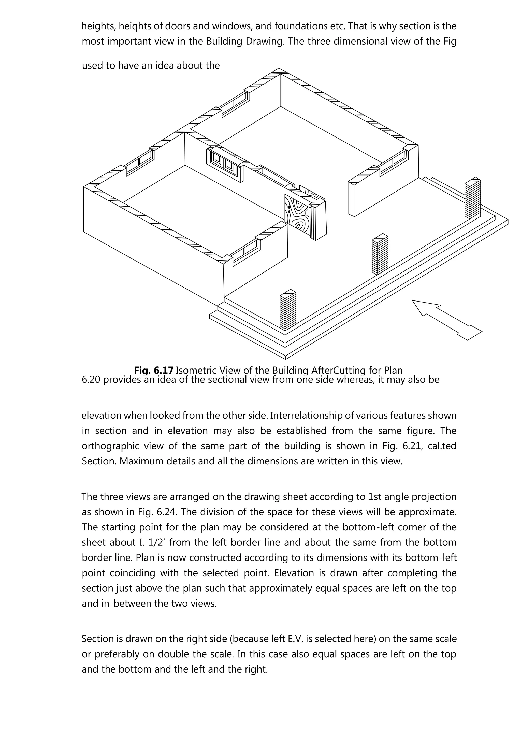 heights, heiqhts of doors and windows, and foundations etc. That is why section is the
most important view in the Building Drawing. The three dimensional view of the Fig
6.20 provides an idea of the sectional view from one side whereas, it may also be
elevation when looked from the other side. Interrelationship of various features shown
in section and in elevation may also be established from the same figure. The
orthographic view of the same part of the building is shown in Fig. 6.21, cal.ted
Section. Maximum details and all the dimensions are written in this view.
The three views are arranged on the drawing sheet according to 1st angle projection
as shown in Fig. 6.24. The division of the space for these views will be approximate.
The starting point for the plan may be considered at the bottom-left corner of the
sheet about I. 1/2’ from the left border line and about the same from the bottom
border line. Plan is now constructed according to its dimensions with its bottom-left
point coinciding with the selected point. Elevation is drawn after completing the
section just above the plan such that approximately equal spaces are left on the top
and in-between the two views.
Section is drawn on the right side (because left E.V. is selected here) on the same scale
or preferably on double the scale. In this case also equal spaces are left on the top
and the bottom and the left and the right.
used to have an idea about the
Fig. 6.17 Isometric View of the Building AfterCutting for Plan
 