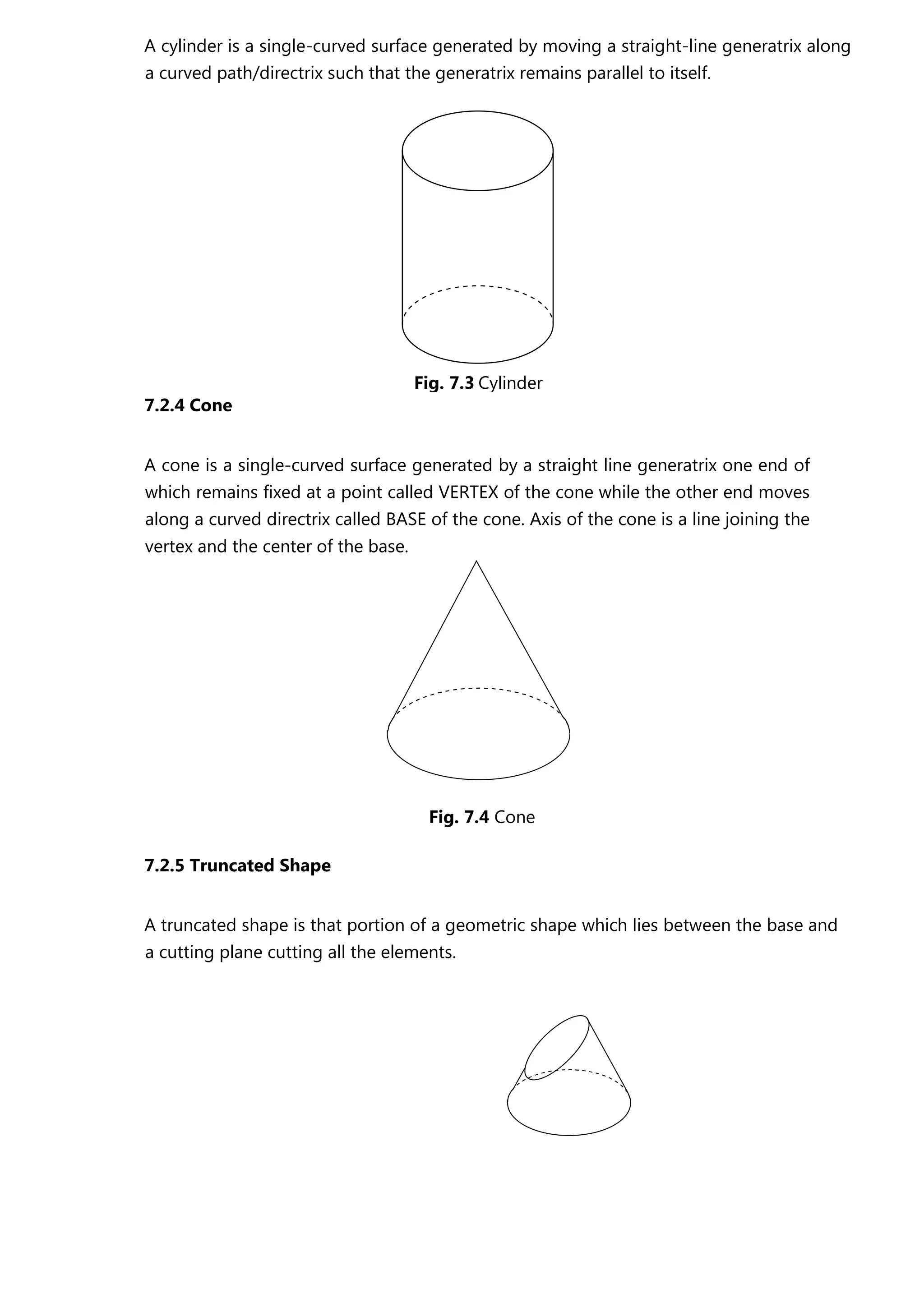 A cylinder is a single-curved surface generated by moving a straight-line generatrix along
a curved path/directrix such that the generatrix remains parallel to itself.
7.2.4 Cone
A cone is a single-curved surface generated by a straight line generatrix one end of
which remains fixed at a point called VERTEX of the cone while the other end moves
along a curved directrix called BASE of the cone. Axis of the cone is a line joining the
vertex and the center of the base.
Fig. 7.4 Cone
7.2.5 Truncated Shape
A truncated shape is that portion of a geometric shape which lies between the base and
a cutting plane cutting all the elements.
Fig. 7.3 Cylinder
 