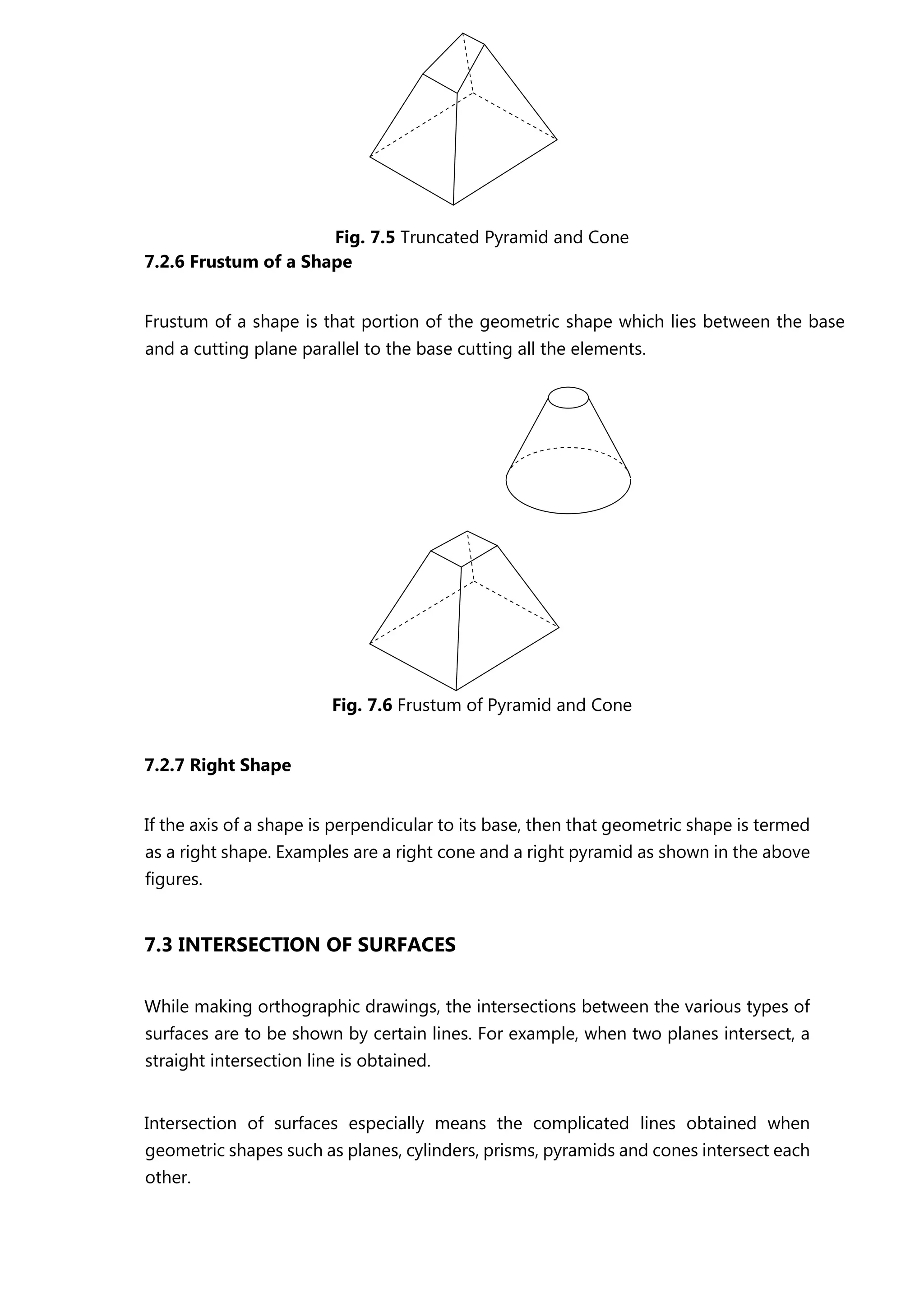 Fig. 7.5 Truncated Pyramid and Cone
7.2.6 Frustum of a Shape
Frustum of a shape is that portion of the geometric shape which lies between the base
and a cutting plane parallel to the base cutting all the elements.
Fig. 7.6 Frustum of Pyramid and Cone
7.2.7 Right Shape
If the axis of a shape is perpendicular to its base, then that geometric shape is termed
as a right shape. Examples are a right cone and a right pyramid as shown in the above
figures.
7.3 INTERSECTION OF SURFACES
While making orthographic drawings, the intersections between the various types of
surfaces are to be shown by certain lines. For example, when two planes intersect, a
straight intersection line is obtained.
Intersection of surfaces especially means the complicated lines obtained when
geometric shapes such as planes, cylinders, prisms, pyramids and cones intersect each
other.
 