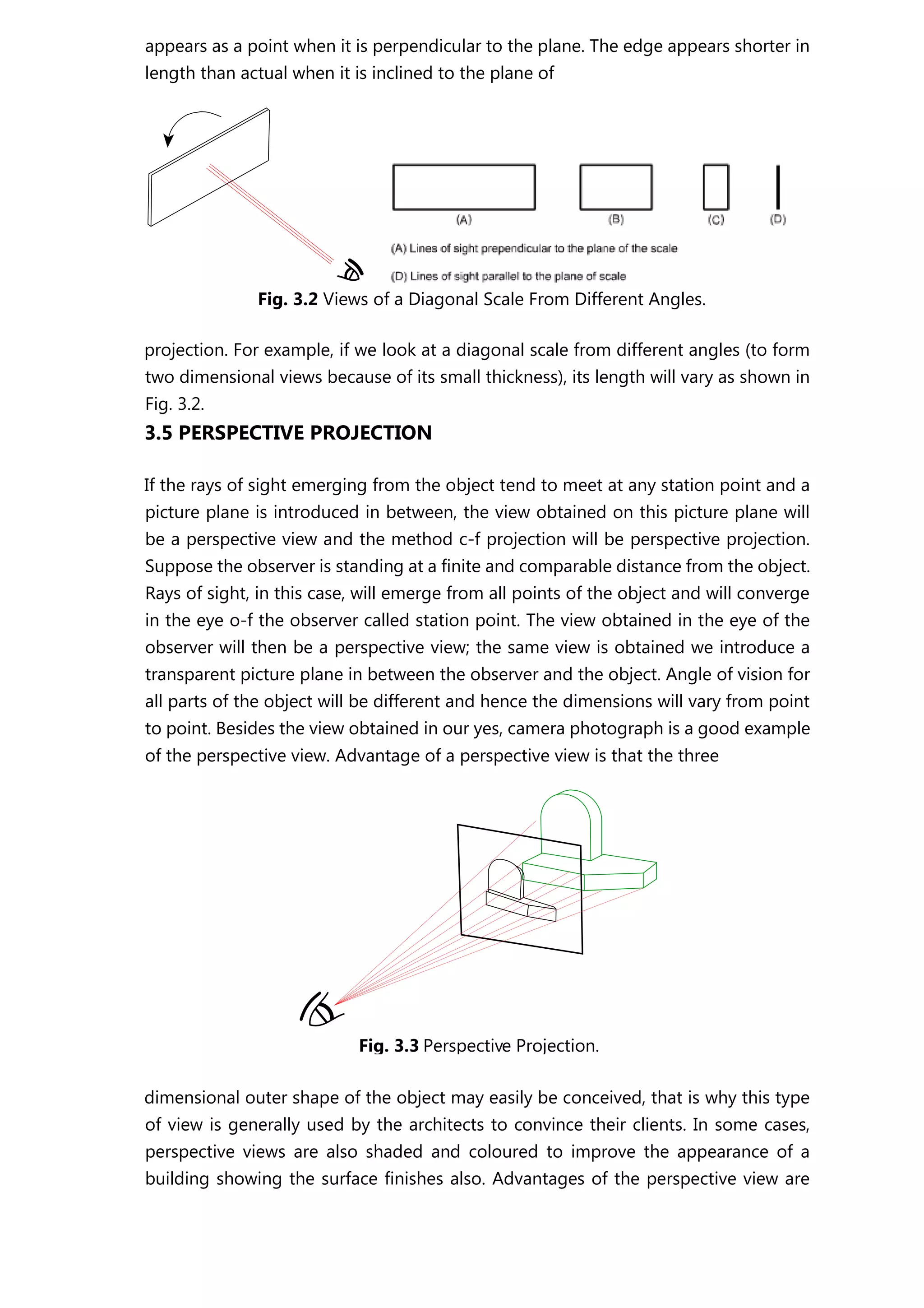 appears as a point when it is perpendicular to the plane. The edge appears shorter in
length than actual when it is inclined to the plane of
Fig. 3.2 Views of a Diagonal Scale From Different Angles.
projection. For example, if we look at a diagonal scale from different angles (to form
two dimensional views because of its small thickness), its length will vary as shown in
Fig. 3.2.
3.5 PERSPECTIVE PROJECTION
If the rays of sight emerging from the object tend to meet at any station point and a
picture plane is introduced in between, the view obtained on this picture plane will
be a perspective view and the method c-f projection will be perspective projection.
Suppose the observer is standing at a finite and comparable distance from the object.
Rays of sight, in this case, will emerge from all points of the object and will converge
in the eye o-f the observer called station point. The view obtained in the eye of the
observer will then be a perspective view; the same view is obtained we introduce a
transparent picture plane in between the observer and the object. Angle of vision for
all parts of the object will be different and hence the dimensions will vary from point
to point. Besides the view obtained in our yes, camera photograph is a good example
of the perspective view. Advantage of a perspective view is that the three
dimensional outer shape of the object may easily be conceived, that is why this type
of view is generally used by the architects to convince their clients. In some cases,
perspective views are also shaded and coloured to improve the appearance of a
building showing the surface finishes also. Advantages of the perspective view are
Fig. 3.3 Perspective Projection.
 