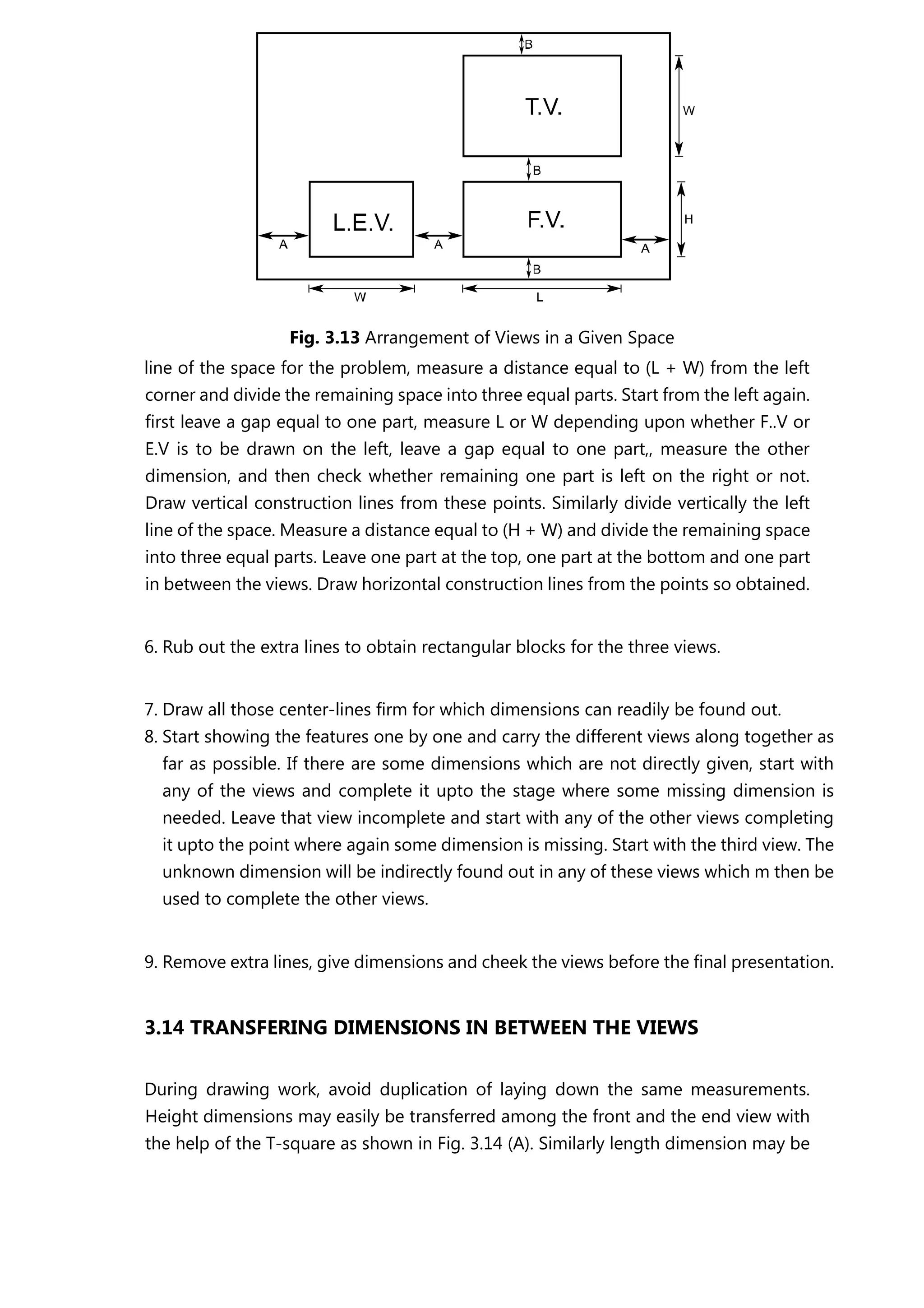 Fig. 3.13 Arrangement of Views in a Given Space
line of the space for the problem, measure a distance equal to (L + W) from the left
corner and divide the remaining space into three equal parts. Start from the left again.
first leave a gap equal to one part, measure L or W depending upon whether F..V or
E.V is to be drawn on the left, leave a gap equal to one part,, measure the other
dimension, and then check whether remaining one part is left on the right or not.
Draw vertical construction lines from these points. Similarly divide vertically the left
line of the space. Measure a distance equal to (H + W) and divide the remaining space
into three equal parts. Leave one part at the top, one part at the bottom and one part
in between the views. Draw horizontal construction lines from the points so obtained.
6. Rub out the extra lines to obtain rectangular blocks for the three views.
7. Draw all those center-lines firm for which dimensions can readily be found out.
8. Start showing the features one by one and carry the different views along together as
far as possible. If there are some dimensions which are not directly given, start with
any of the views and complete it upto the stage where some missing dimension is
needed. Leave that view incomplete and start with any of the other views completing
it upto the point where again some dimension is missing. Start with the third view. The
unknown dimension will be indirectly found out in any of these views which m then be
used to complete the other views.
9. Remove extra lines, give dimensions and cheek the views before the final presentation.
3.14 TRANSFERING DIMENSIONS IN BETWEEN THE VIEWS
During drawing work, avoid duplication of laying down the same measurements.
Height dimensions may easily be transferred among the front and the end view with
the help of the T-square as shown in Fig. 3.14 (A). Similarly length dimension may be
 