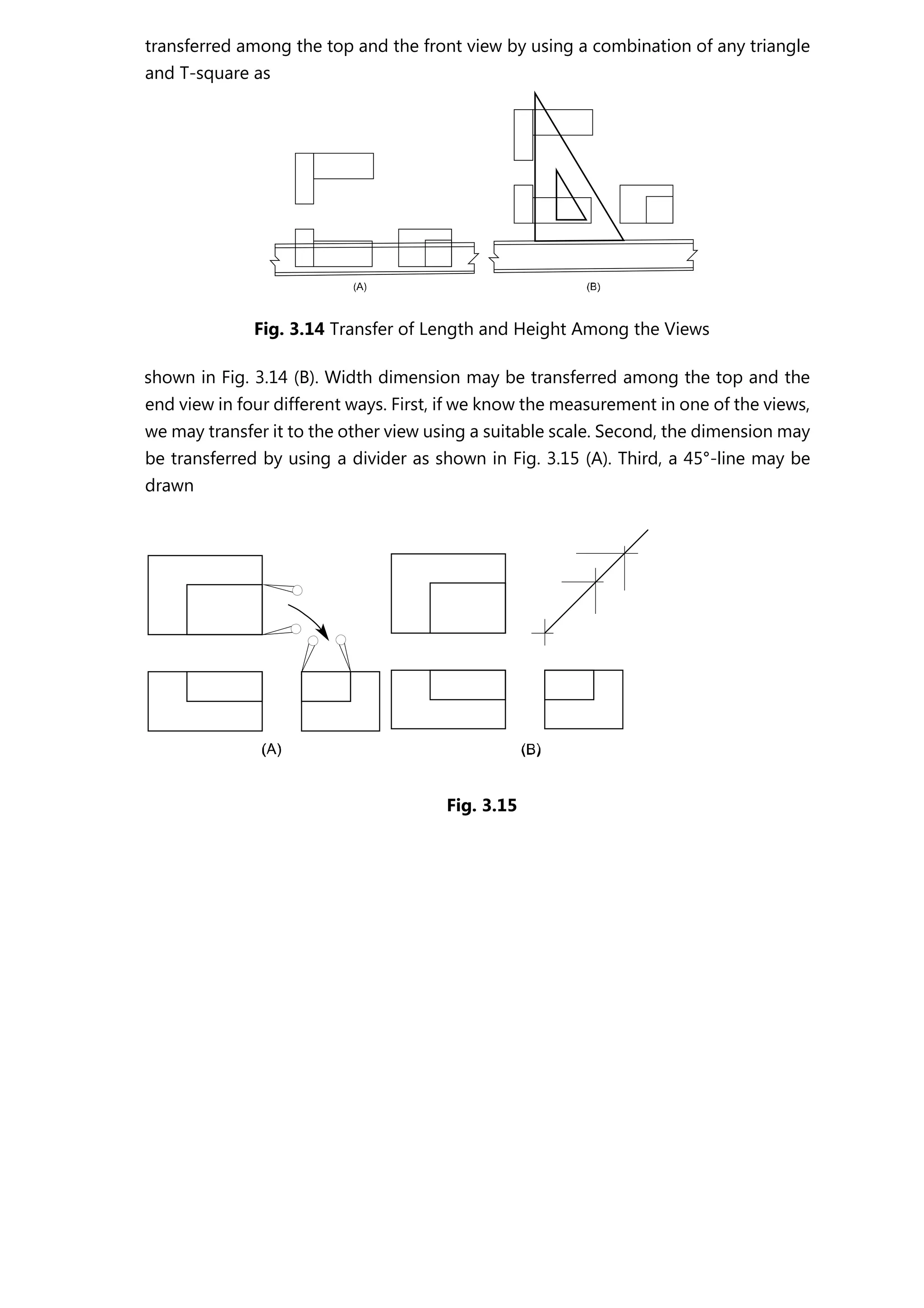 transferred among the top and the front view by using a combination of any triangle
and T-square as
Fig. 3.14 Transfer of Length and Height Among the Views
shown in Fig. 3.14 (B). Width dimension may be transferred among the top and the
end view in four different ways. First, if we know the measurement in one of the views,
we may transfer it to the other view using a suitable scale. Second, the dimension may
be transferred by using a divider as shown in Fig. 3.15 (A). Third, a 45°-line may be
drawn
Fig. 3.15
 
