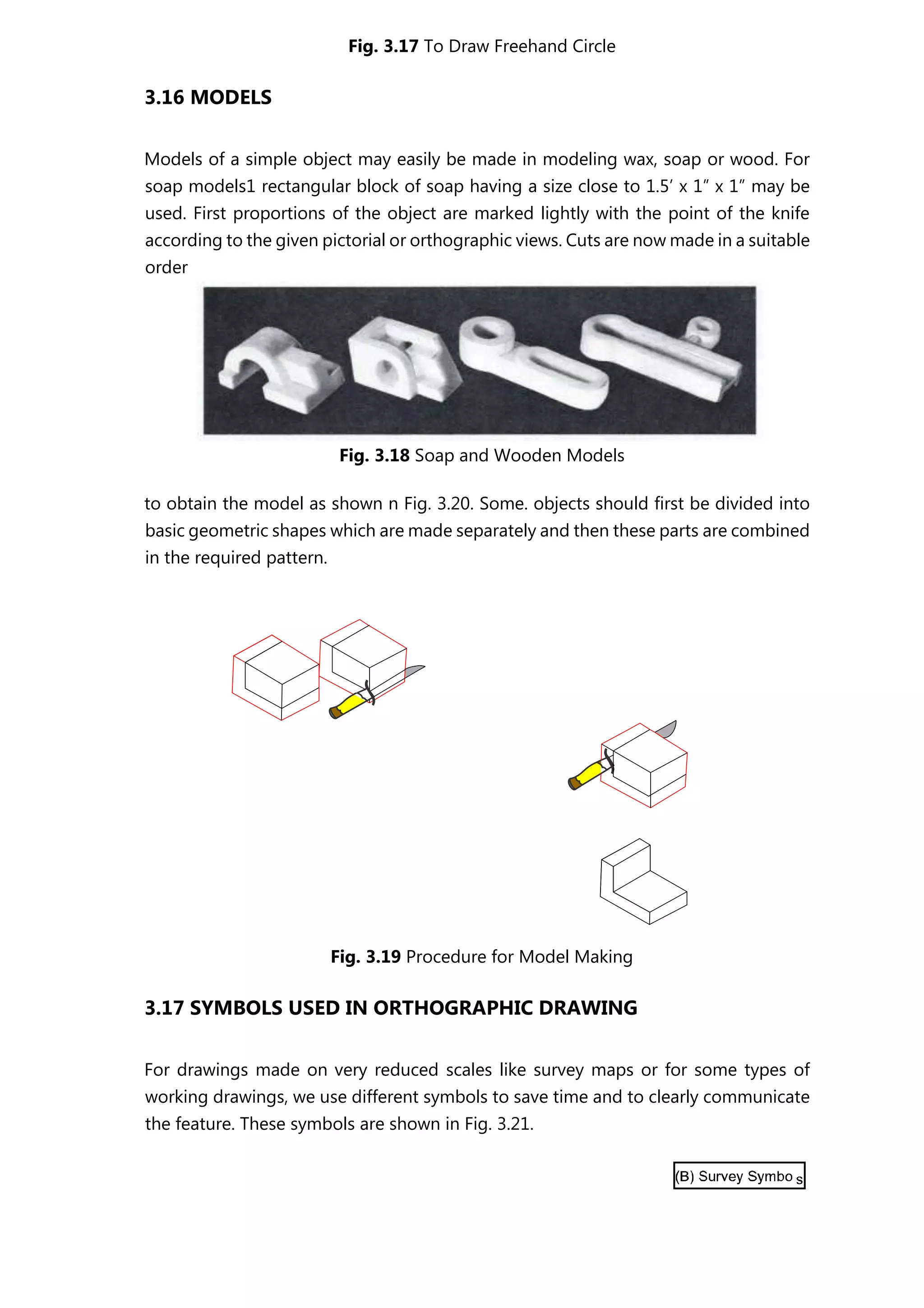 Fig. 3.17 To Draw Freehand Circle
3.16 MODELS
Models of a simple object may easily be made in modeling wax, soap or wood. For
soap models1 rectangular block of soap having a size close to 1.5’ x 1” x 1” may be
used. First proportions of the object are marked lightly with the point of the knife
according to the given pictorial or orthographic views. Cuts are now made in a suitable
order
Fig. 3.18 Soap and Wooden Models
to obtain the model as shown n Fig. 3.20. Some. objects should first be divided into
basic geometric shapes which are made separately and then these parts are combined
in the required pattern.
Fig. 3.19 Procedure for Model Making
3.17 SYMBOLS USED IN ORTHOGRAPHIC DRAWING
For drawings made on very reduced scales like survey maps or for some types of
working drawings, we use different symbols to save time and to clearly communicate
the feature. These symbols are shown in Fig. 3.21.
 
