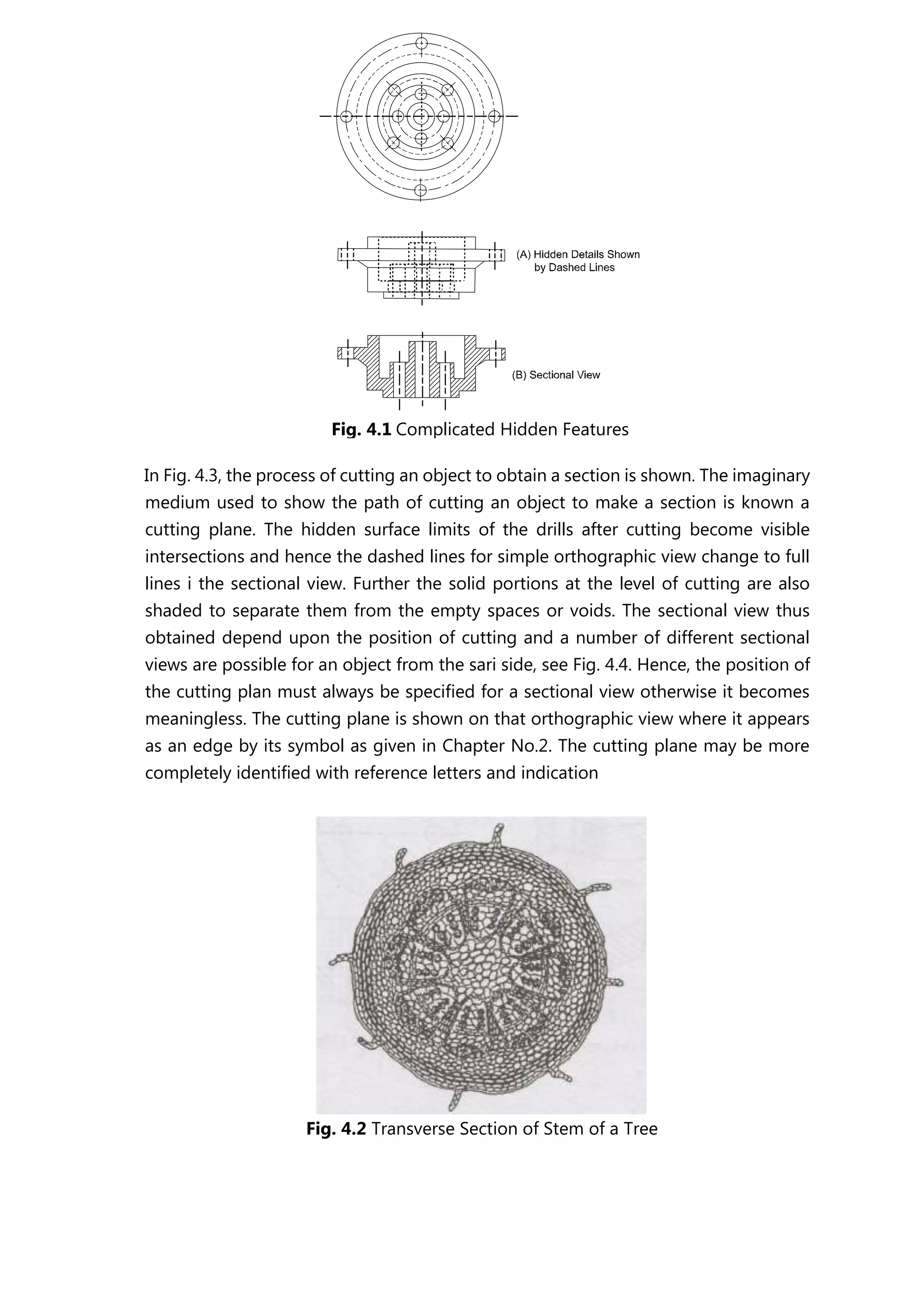 In Fig. 4.3, the process of cutting an object to obtain a section is shown. The imaginary
medium used to show the path of cutting an object to make a section is known a
cutting plane. The hidden surface limits of the drills after cutting become visible
intersections and hence the dashed lines for simple orthographic view change to full
lines i the sectional view. Further the solid portions at the level of cutting are also
shaded to separate them from the empty spaces or voids. The sectional view thus
obtained depend upon the position of cutting and a number of different sectional
views are possible for an object from the sari side, see Fig. 4.4. Hence, the position of
the cutting plan must always be specified for a sectional view otherwise it becomes
meaningless. The cutting plane is shown on that orthographic view where it appears
as an edge by its symbol as given in Chapter No.2. The cutting plane may be more
completely identified with reference letters and indication
Fig. 4.2 Transverse Section of Stem of a Tree
Fig. 4.1 Complicated Hidden Features
 