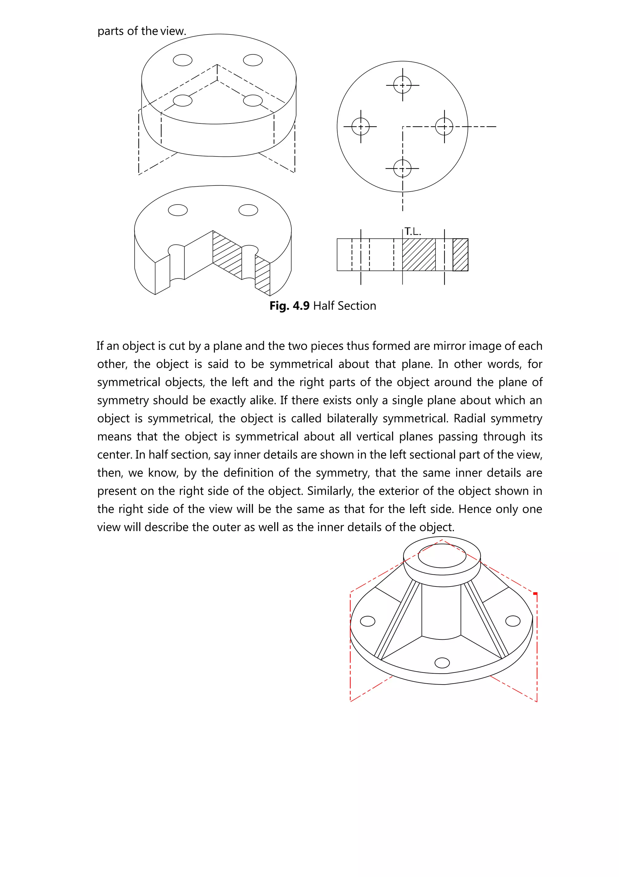 Fig. 4.9 Half Section
If an object is cut by a plane and the two pieces thus formed are mirror image of each
other, the object is said to be symmetrical about that plane. In other words, for
symmetrical objects, the left and the right parts of the object around the plane of
symmetry should be exactly alike. If there exists only a single plane about which an
object is symmetrical, the object is called bilaterally symmetrical. Radial symmetry
means that the object is symmetrical about all vertical planes passing through its
center. In half section, say inner details are shown in the left sectional part of the view,
then, we know, by the definition of the symmetry, that the same inner details are
present on the right side of the object. Similarly, the exterior of the object shown in
the right side of the view will be the same as that for the left side. Hence only one
view will describe the outer as well as the inner details of the object.
parts of the view.
 