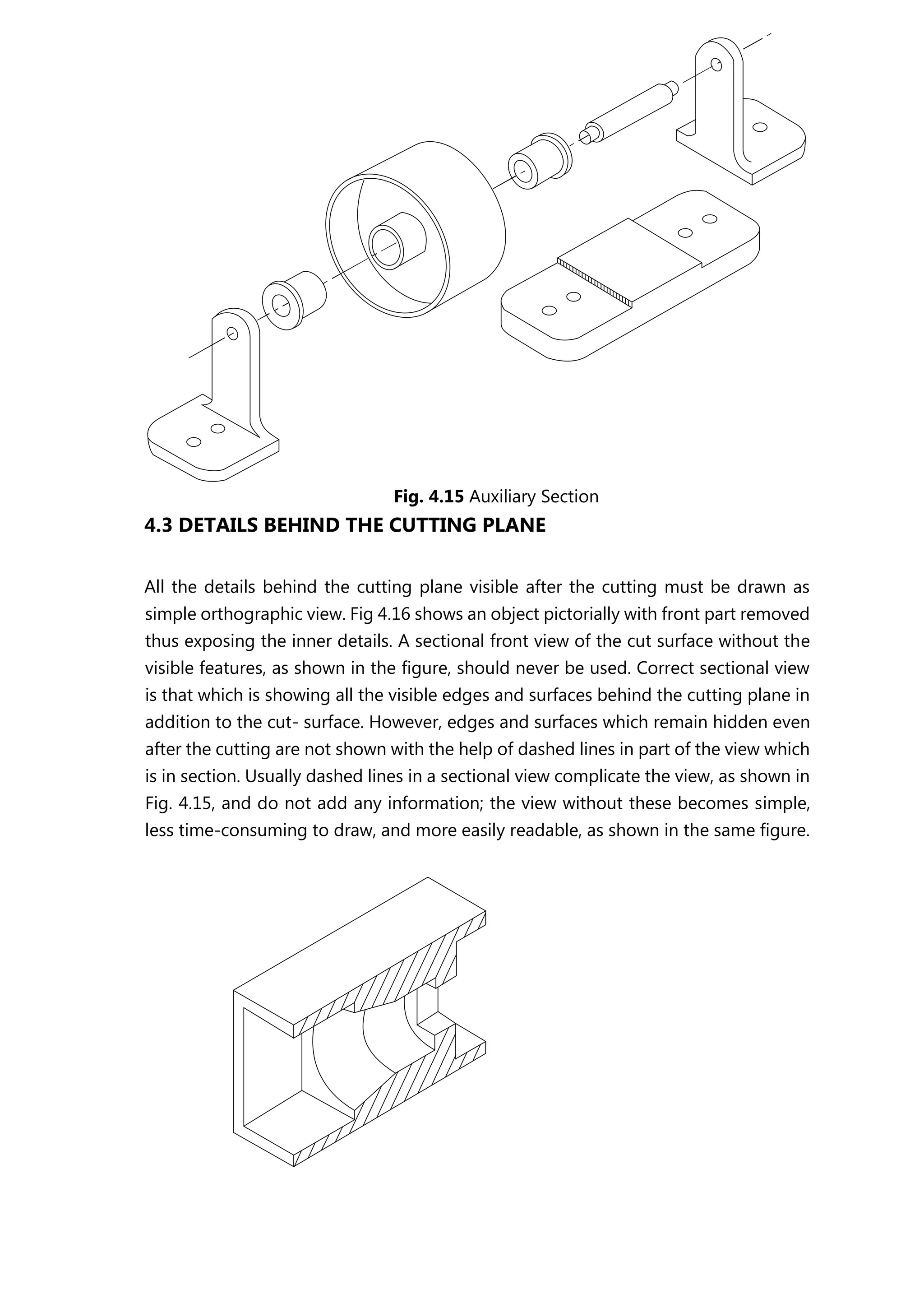 Fig. 4.15 Auxiliary Section
4.3 DETAILS BEHIND THE CUTTING PLANE
All the details behind the cutting plane visible after the cutting must be drawn as
simple orthographic view. Fig 4.16 shows an object pictorially with front part removed
thus exposing the inner details. A sectional front view of the cut surface without the
visible features, as shown in the figure, should never be used. Correct sectional view
is that which is showing all the visible edges and surfaces behind the cutting plane in
addition to the cut- surface. However, edges and surfaces which remain hidden even
after the cutting are not shown with the help of dashed lines in part of the view which
is in section. Usually dashed lines in a sectional view complicate the view, as shown in
Fig. 4.15, and do not add any information; the view without these becomes simple,
less time-consuming to draw, and more easily readable, as shown in the same figure.
 