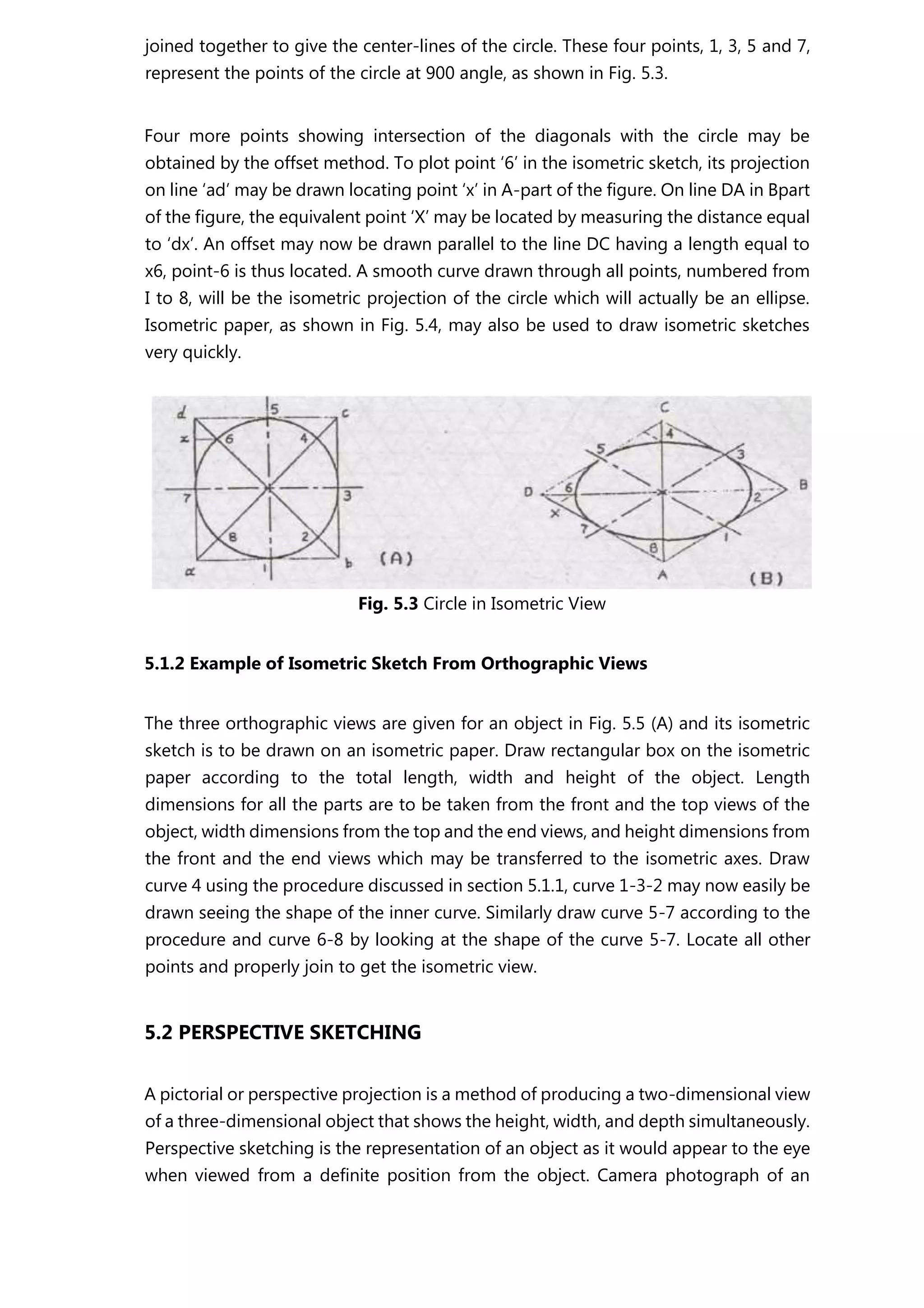 joined together to give the center-lines of the circle. These four points, 1, 3, 5 and 7,
represent the points of the circle at 900 angle, as shown in Fig. 5.3.
Four more points showing intersection of the diagonals with the circle may be
obtained by the offset method. To plot point ‘6’ in the isometric sketch, its projection
on line ‘ad’ may be drawn locating point ‘x’ in A-part of the figure. On line DA in Bpart
of the figure, the equivalent point ‘X’ may be located by measuring the distance equal
to ‘dx’. An offset may now be drawn parallel to the line DC having a length equal to
x6, point-6 is thus located. A smooth curve drawn through all points, numbered from
I to 8, will be the isometric projection of the circle which will actually be an ellipse.
Isometric paper, as shown in Fig. 5.4, may also be used to draw isometric sketches
very quickly.
Fig. 5.3 Circle in Isometric View
5.1.2 Example of Isometric Sketch From Orthographic Views
The three orthographic views are given for an object in Fig. 5.5 (A) and its isometric
sketch is to be drawn on an isometric paper. Draw rectangular box on the isometric
paper according to the total length, width and height of the object. Length
dimensions for all the parts are to be taken from the front and the top views of the
object, width dimensions from the top and the end views, and height dimensions from
the front and the end views which may be transferred to the isometric axes. Draw
curve 4 using the procedure discussed in section 5.1.1, curve 1-3-2 may now easily be
drawn seeing the shape of the inner curve. Similarly draw curve 5-7 according to the
procedure and curve 6-8 by looking at the shape of the curve 5-7. Locate all other
points and properly join to get the isometric view.
5.2 PERSPECTIVE SKETCHING
A pictorial or perspective projection is a method of producing a two-dimensional view
of a three-dimensional object that shows the height, width, and depth simultaneously.
Perspective sketching is the representation of an object as it would appear to the eye
when viewed from a definite position from the object. Camera photograph of an
 