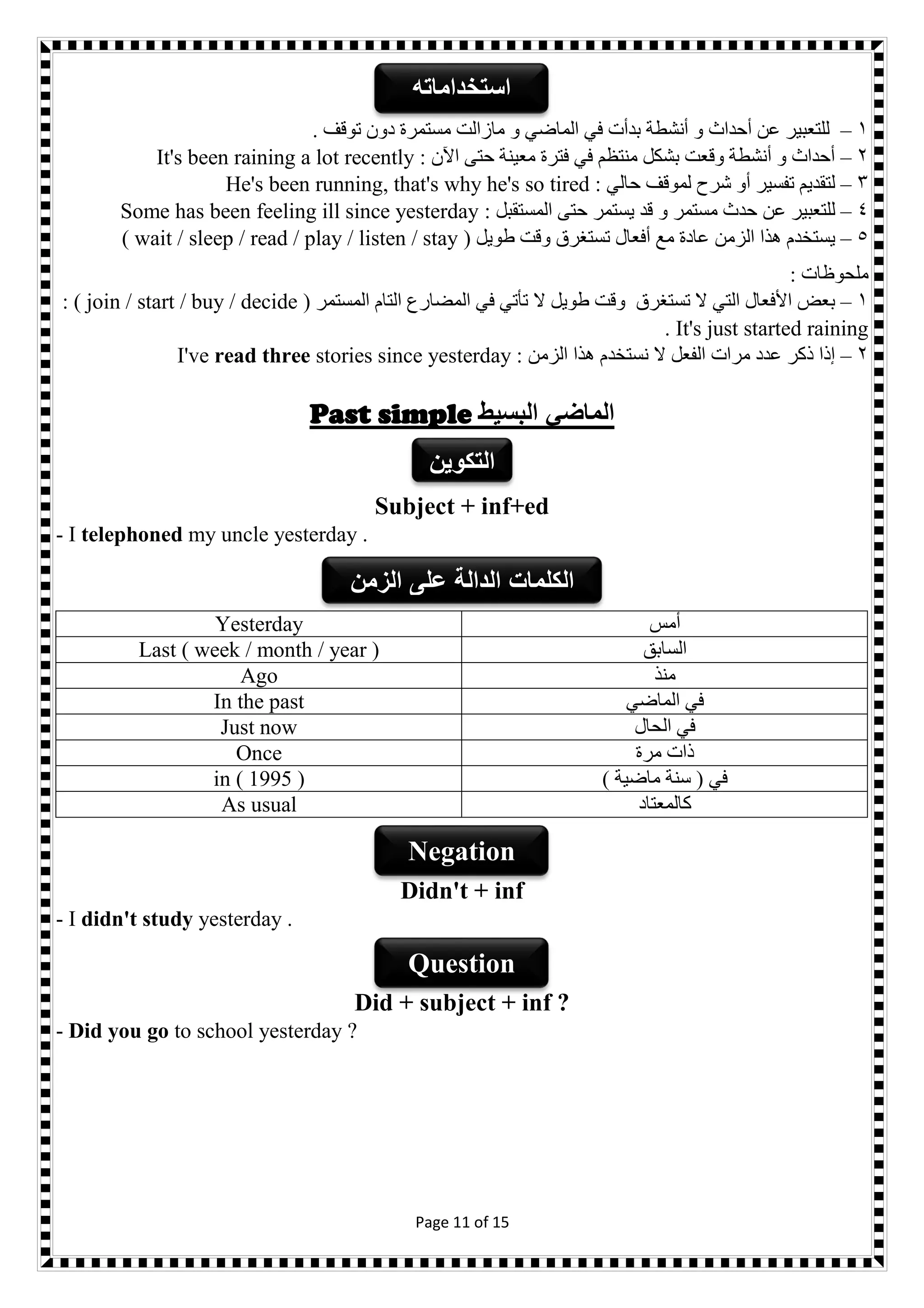 Page 11 of 15
1–. ‫توقف‬ ‫دون‬ ‫مستمرة‬ ‫مازالت‬ ‫و‬ ‫الماضي‬ ‫في‬ ‫بدأت‬ ‫أنشطة‬ ‫و‬ ‫أحداث‬ ‫عن‬ ‫للتعبير‬
2–: ‫اآلن‬ ‫حتى‬ ‫معينة‬ ‫فترة‬ ‫في‬ ‫منتظم‬ ‫بشكل‬ ‫وقعت‬ ‫أنشطة‬ ‫و‬ ‫أحداث‬It's been raining a lot recently
3–: ‫حالي‬ ‫لموقف‬ ‫شرح‬ ‫أو‬ ‫تفسير‬ ‫لتقديم‬He's been running, that's why he's so tired
4–‫عن‬ ‫للتعبير‬: ‫المستقبل‬ ‫حتى‬ ‫يستمر‬ ‫قد‬ ‫و‬ ‫مستمر‬ ‫حدث‬Some has been feeling ill since yesterday
5–( ‫طويل‬ ‫وقت‬ ‫تستغرق‬ ‫أفعال‬ ‫مع‬ ‫عادة‬ ‫الزمن‬ ‫هذا‬ ‫يستخدم‬wait / sleep / read / play / listen / stay)
‫ملحوظات‬:
1–( ‫المستمر‬ ‫التام‬ ‫المضارع‬ ‫في‬ ‫تأتي‬ ‫ال‬ ‫طويل‬ ‫وقت‬ ‫تستغرق‬ ‫ال‬ ‫التي‬ ‫األفعال‬ ‫بعض‬join / start / buy / decide: )
It's just started raining.
2–: ‫الزمن‬ ‫هذا‬ ‫نستخدم‬ ‫ال‬ ‫الفعل‬ ‫مرات‬ ‫عدد‬ ‫ذكر‬ ‫إذا‬I've read three stories since yesterday
Past simple ‫البسيط‬ ‫الماضي‬
Subject + inf+ed
- I telephoned my uncle yesterday .
‫أمس‬Yesterday
‫السابق‬Last ( week / month / year )
‫منذ‬Ago
‫الماضي‬ ‫في‬In the past
‫الحال‬ ‫في‬Just now
‫مرة‬ ‫ذات‬Once
) ‫ماضية‬ ‫سنة‬ ( ‫في‬in ( 1995 )
‫كالمعتاد‬As usual
Didn't + inf
- I didn't study yesterday .
Did + subject + inf ?
- Did you go to school yesterday ?
‫استخداماته‬
‫الزمن‬ ‫على‬ ‫الدالة‬ ‫الكلمات‬
‫التكوين‬
Negation
Question
 
