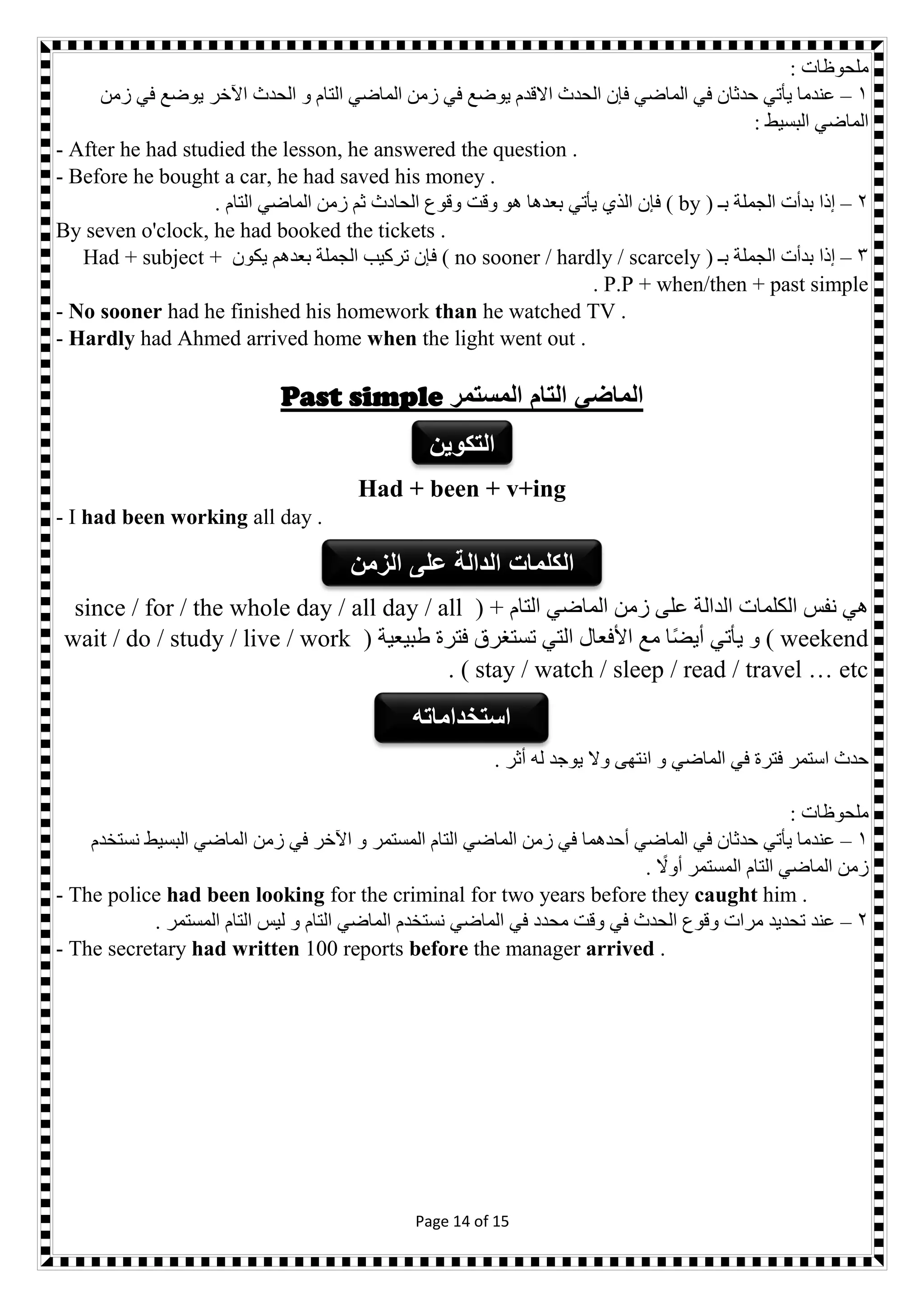Page 14 of 15
: ‫ملحوظات‬
1–‫الحدث‬ ‫و‬ ‫التام‬ ‫الماضي‬ ‫زمن‬ ‫في‬ ‫يوضع‬ ‫االقدم‬ ‫الحدث‬ ‫فإن‬ ‫الماضي‬ ‫في‬ ‫حدثان‬ ‫يأتي‬ ‫عندما‬‫زمن‬ ‫في‬ ‫يوضع‬ ‫اآلخر‬
: ‫البسيط‬ ‫الماضي‬
- After he had studied the lesson, he answered the question .
- Before he bought a car, he had saved his money .
2–( ‫بـ‬ ‫الجملة‬ ‫بدأت‬ ‫إذا‬by‫فإ‬ ). ‫التام‬ ‫الماضي‬ ‫زمن‬ ‫ثم‬ ‫الحادث‬ ‫وقوع‬ ‫وقت‬ ‫هو‬ ‫بعدها‬ ‫يأتي‬ ‫الذي‬ ‫ن‬
By seven o'clock, he had booked the tickets .
3–( ‫بـ‬ ‫الجملة‬ ‫بدأت‬ ‫إذا‬no sooner / hardly / scarcely‫يكون‬ ‫بعدهم‬ ‫الجملة‬ ‫تركيب‬ ‫فإن‬ )Had + subject +
P.P + when/then + past simple.
- No sooner had he finished his homework than he watched TV .
- Hardly had Ahmed arrived home when the light went out .
Past simple ‫المستمر‬ ‫التام‬ ‫الماضي‬
Had + been + v+ing
- I had been working all day .
( + ‫التام‬ ‫الماضي‬ ‫زمن‬ ‫على‬ ‫الدالة‬ ‫الكلمات‬ ‫نفس‬ ‫هي‬since / for / the whole day / all day / all
weekend( ‫طبيعية‬ ‫فترة‬ ‫تستغرق‬ ‫التي‬ ‫األفعال‬ ‫مع‬ ‫ا‬ً‫ض‬‫أي‬ ‫يأتي‬ ‫و‬ )wait / do / study / live / work
stay / watch / sleep / read / travel … etc. )
‫استمر‬ ‫حدث‬. ‫أثر‬ ‫له‬ ‫يوجد‬ ‫وال‬ ‫انتهى‬ ‫و‬ ‫الماضي‬ ‫في‬ ‫فترة‬
: ‫ملحوظات‬
1–‫نستخدم‬ ‫البسيط‬ ‫الماضي‬ ‫زمن‬ ‫في‬ ‫اآلخر‬ ‫و‬ ‫المستمر‬ ‫التام‬ ‫الماضي‬ ‫زمن‬ ‫في‬ ‫أحدهما‬ ‫الماضي‬ ‫في‬ ‫حدثان‬ ‫يأتي‬ ‫عندما‬
. ً‫أوال‬ ‫المستمر‬ ‫التام‬ ‫الماضي‬ ‫زمن‬
- The police had been looking for the criminal for two years before they caught him .
2–. ‫المستمر‬ ‫التام‬ ‫ليس‬ ‫و‬ ‫التام‬ ‫الماضي‬ ‫نستخدم‬ ‫الماضي‬ ‫في‬ ‫محدد‬ ‫وقت‬ ‫في‬ ‫الحدث‬ ‫وقوع‬ ‫مرات‬ ‫تحديد‬ ‫عند‬
- The secretary had written 100 reports before the manager arrived .
‫الزمن‬ ‫على‬ ‫الدالة‬ ‫الكلمات‬
‫التكوين‬
‫استخداماته‬
 