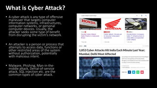 What is Cyber Attack?
• A cyber attack is any type of offensive
maneuver that targets computer
information systems, infrastructures,
computer networks, or personal
computer devices. Usually, the
attacker seeks some type of benefit
from disrupting the victim’s network.
• An attacker is a person or process that
attempts to access data, functions or
other restricted areas of the system
without authorization, potentially
with malicious intent.
• Malware, Phishing, Man-in-the-
middle attack, Denial-of-service
attack, SQL injection etc. are the
common types of cyber attack.
 