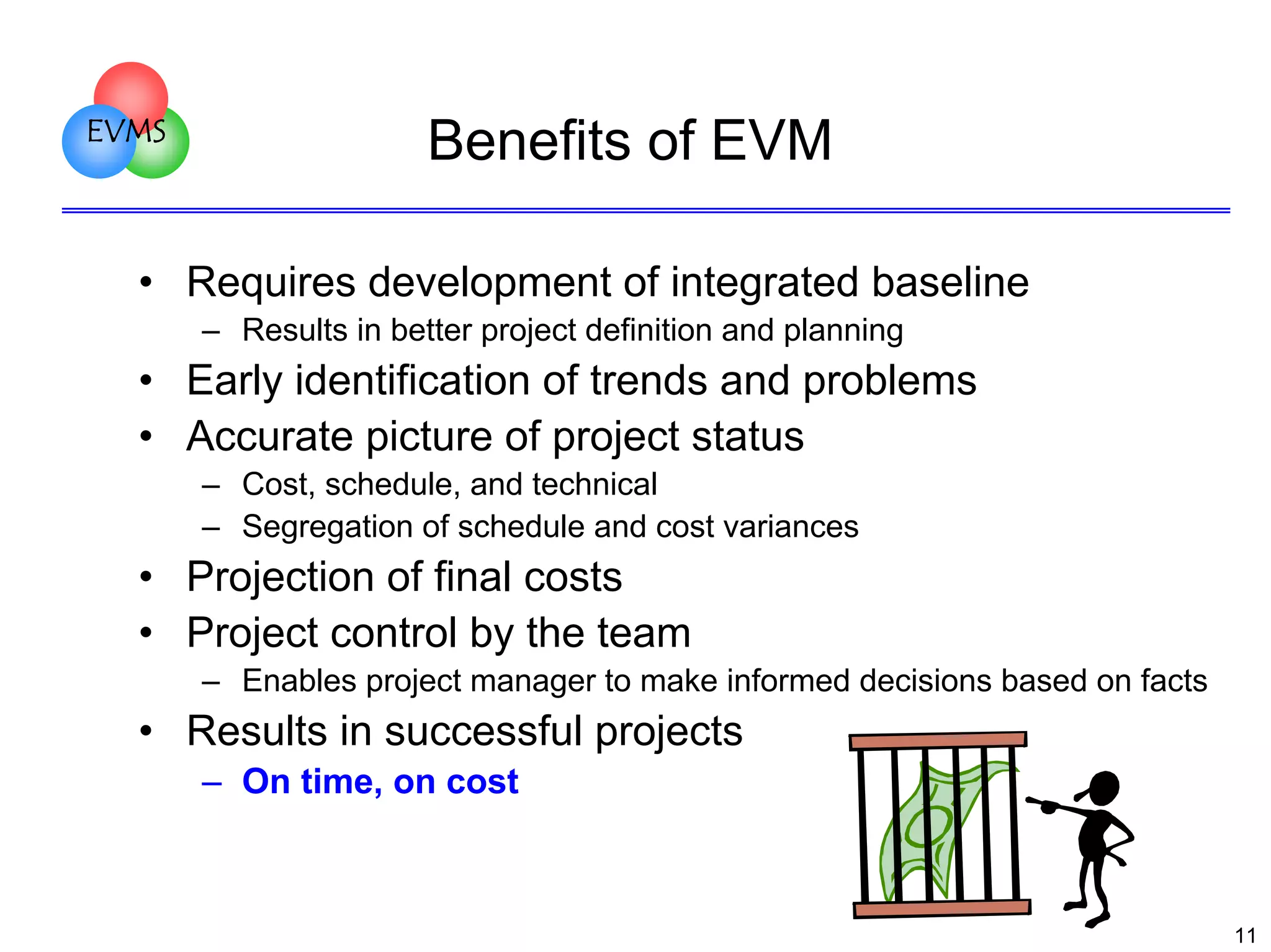 EVMS

Benefits of EVM

• Requires development of integrated baseline
– Results in better project definition and planning

• Early identification of trends and problems
• Accurate picture of project status
– Cost, schedule, and technical
– Segregation of schedule and cost variances

• Projection of final costs
• Project control by the team
– Enables project manager to make informed decisions based on facts

• Results in successful projects
– On time, on cost

11

 