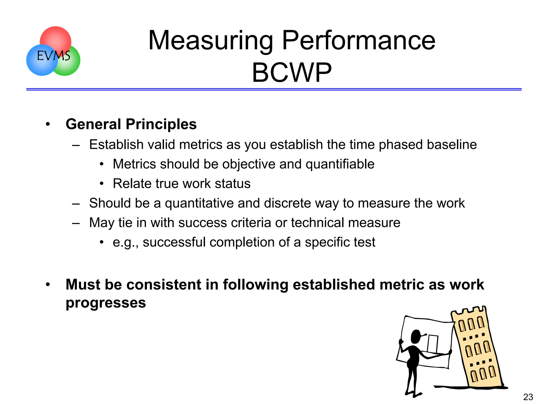EVMS

•

Measuring Performance
BCWP

General Principles
– Establish valid metrics as you establish the time phased baseline
• Metrics should be objective and quantifiable
• Relate true work status
– Should be a quantitative and discrete way to measure the work
– May tie in with success criteria or technical measure
• e.g., successful completion of a specific test

•

Must be consistent in following established metric as work
progresses

23

 