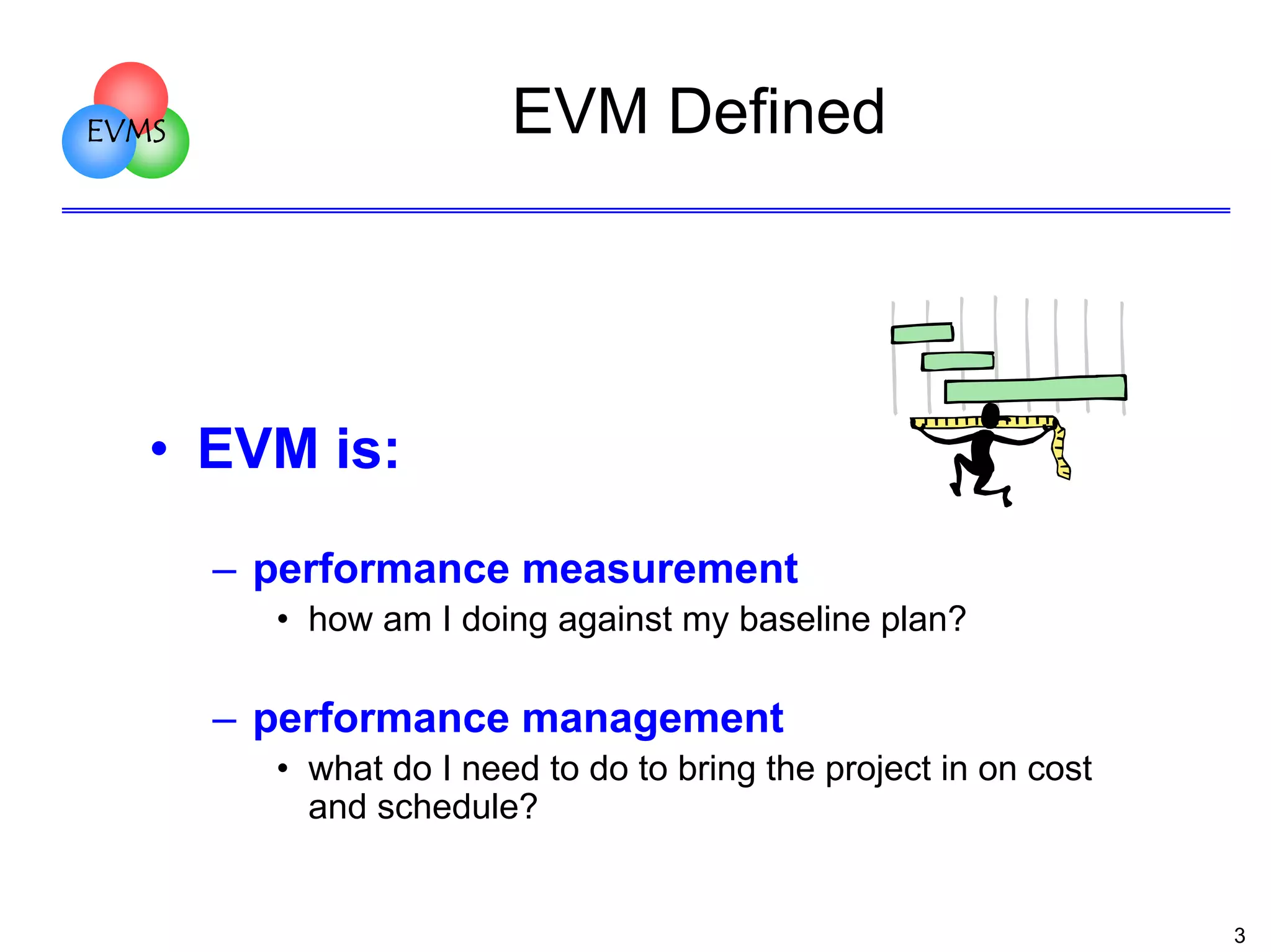 EVM Defined

EVMS

• EVM is:
– performance measurement
• how am I doing against my baseline plan?

– performance management
• what do I need to do to bring the project in on cost
and schedule?

3

 