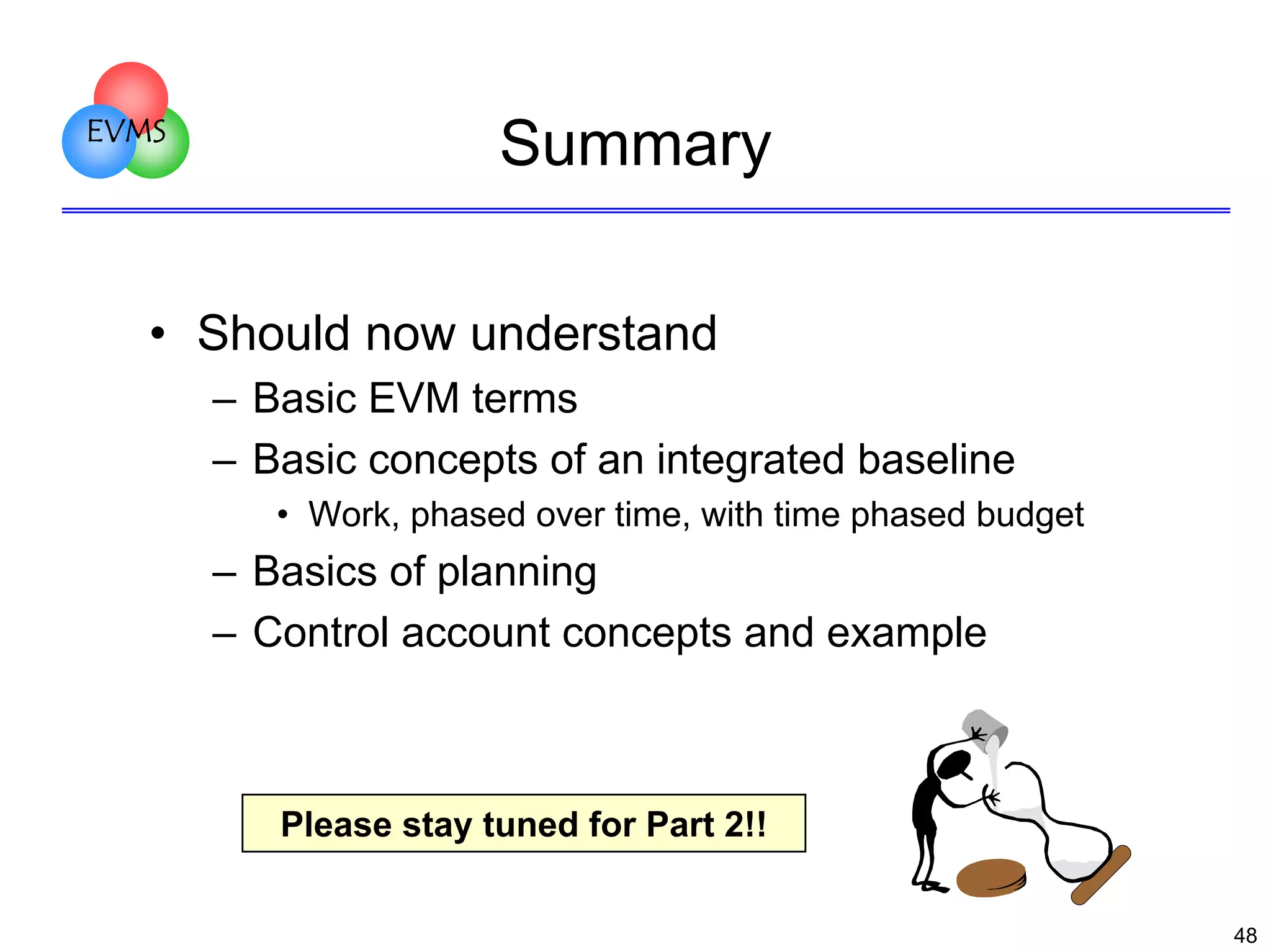 EVMS

Summary

• Should now understand
– Basic EVM terms
– Basic concepts of an integrated baseline
• Work, phased over time, with time phased budget

– Basics of planning
– Control account concepts and example

Please stay tuned for Part 2!!
48

 