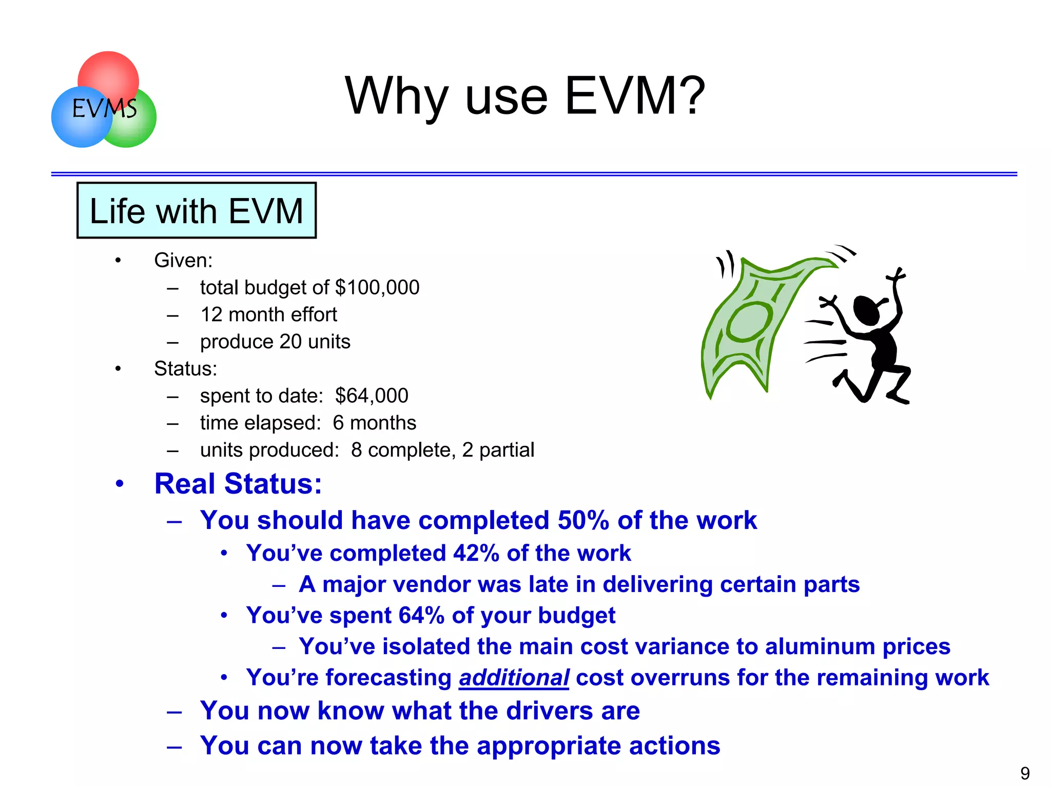 Why use EVM?

EVMS

Life with EVM
•

•

•

Given:
– total budget of $100,000
– 12 month effort
– produce 20 units
Status:
– spent to date: $64,000
– time elapsed: 6 months
– units produced: 8 complete, 2 partial

Real Status:
– You should have completed 50% of the work
• You’ve completed 42% of the work
– A major vendor was late in delivering certain parts
• You’ve spent 64% of your budget
– You’ve isolated the main cost variance to aluminum prices
• You’re forecasting additional cost overruns for the remaining work

– You now know what the drivers are
– You can now take the appropriate actions
9

 