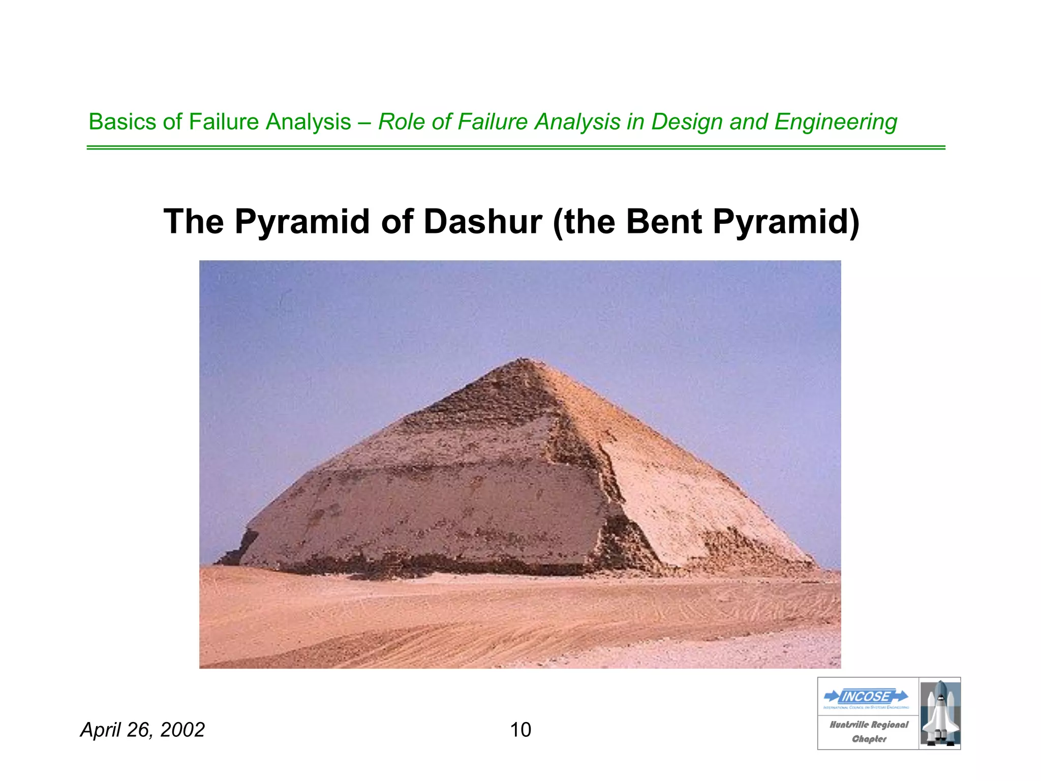HHuunnttssvviillllee RReeggiioonnaall
CChhaapptteerr
April 26, 2002 10
Basics of Failure Analysis – Role of Failure Analysis in Design and Engineering
The Pyramid of Dashur (the Bent Pyramid)
 