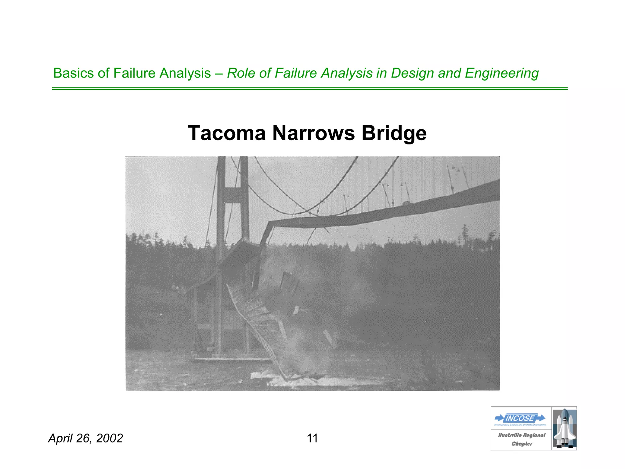 HHuunnttssvviillllee RReeggiioonnaall
CChhaapptteerr
April 26, 2002 11
Basics of Failure Analysis – Role of Failure Analysis in Design and Engineering
Tacoma Narrows Bridge
 