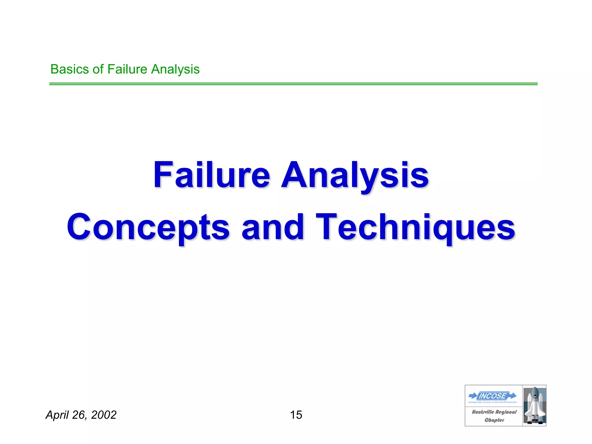 HHuunnttssvviillllee RReeggiioonnaall
CChhaapptteerr
April 26, 2002 15
Basics of Failure Analysis
Failure Analysis
Concepts and Techniques
 