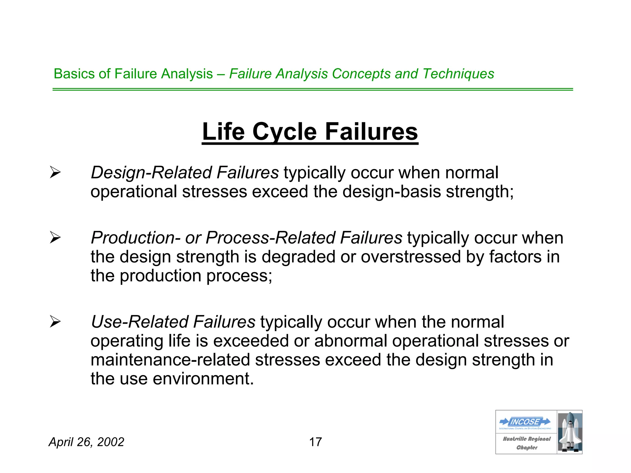 HHuunnttssvviillllee RReeggiioonnaall
CChhaapptteerr
April 26, 2002 17
Basics of Failure Analysis – Failure Analysis Concepts and Techniques
Life Cycle Failures
 Design-Related Failures typically occur when normal
operational stresses exceed the design-basis strength;
 Production- or Process-Related Failures typically occur when
the design strength is degraded or overstressed by factors in
the production process;
 Use-Related Failures typically occur when the normal
operating life is exceeded or abnormal operational stresses or
maintenance-related stresses exceed the design strength in
the use environment.
 