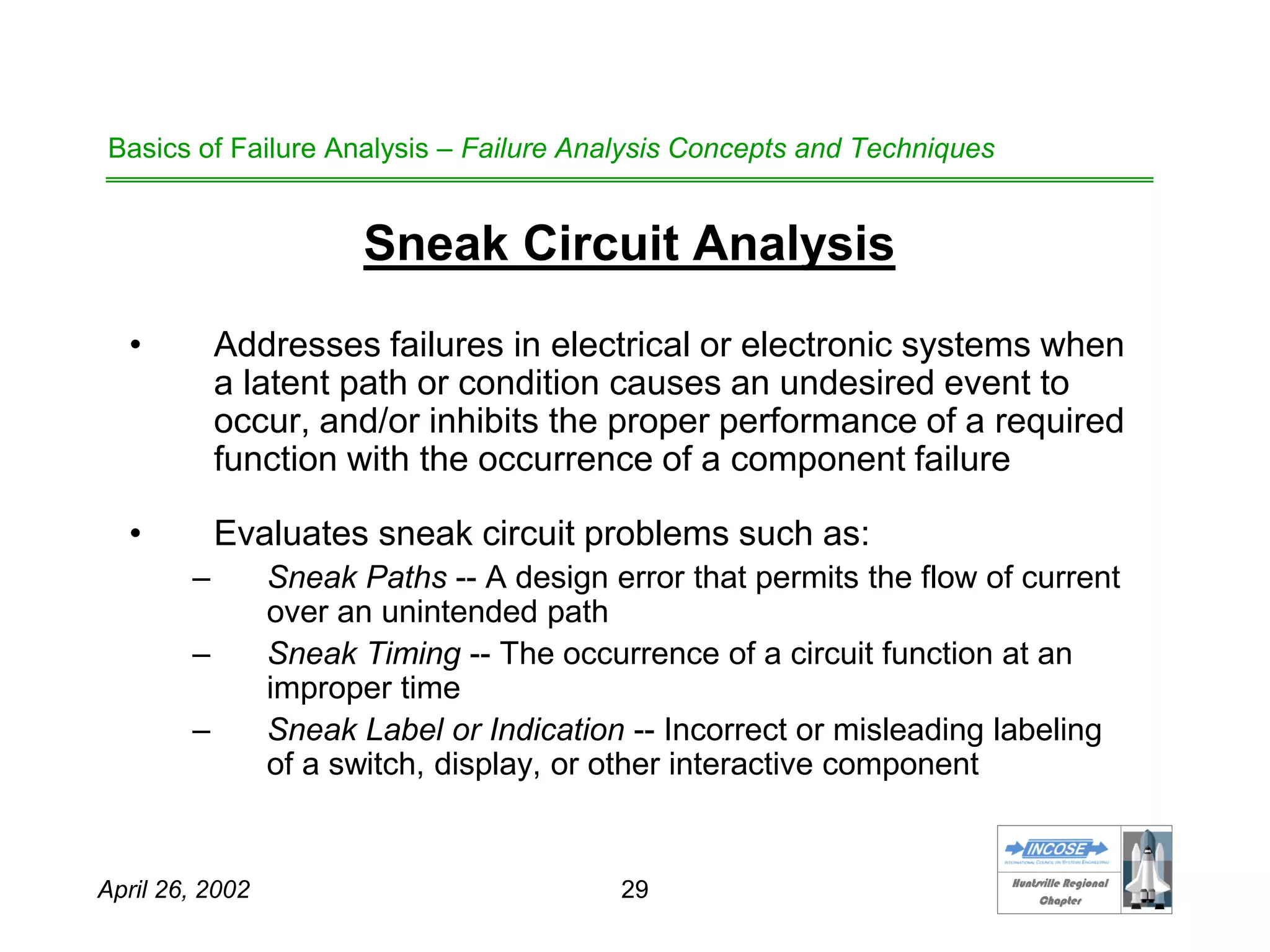 HHuunnttssvviillllee RReeggiioonnaall
CChhaapptteerr
April 26, 2002 29
Basics of Failure Analysis – Failure Analysis Concepts and Techniques
Sneak Circuit Analysis
• Addresses failures in electrical or electronic systems when
a latent path or condition causes an undesired event to
occur, and/or inhibits the proper performance of a required
function with the occurrence of a component failure
• Evaluates sneak circuit problems such as:
– Sneak Paths -- A design error that permits the flow of current
over an unintended path
– Sneak Timing -- The occurrence of a circuit function at an
improper time
– Sneak Label or Indication -- Incorrect or misleading labeling
of a switch, display, or other interactive component
 
