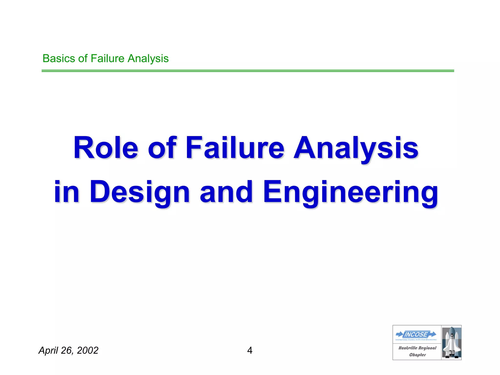 HHuunnttssvviillllee RReeggiioonnaall
CChhaapptteerr
April 26, 2002 4
Basics of Failure Analysis
Role of Failure Analysis
in Design and Engineering
 