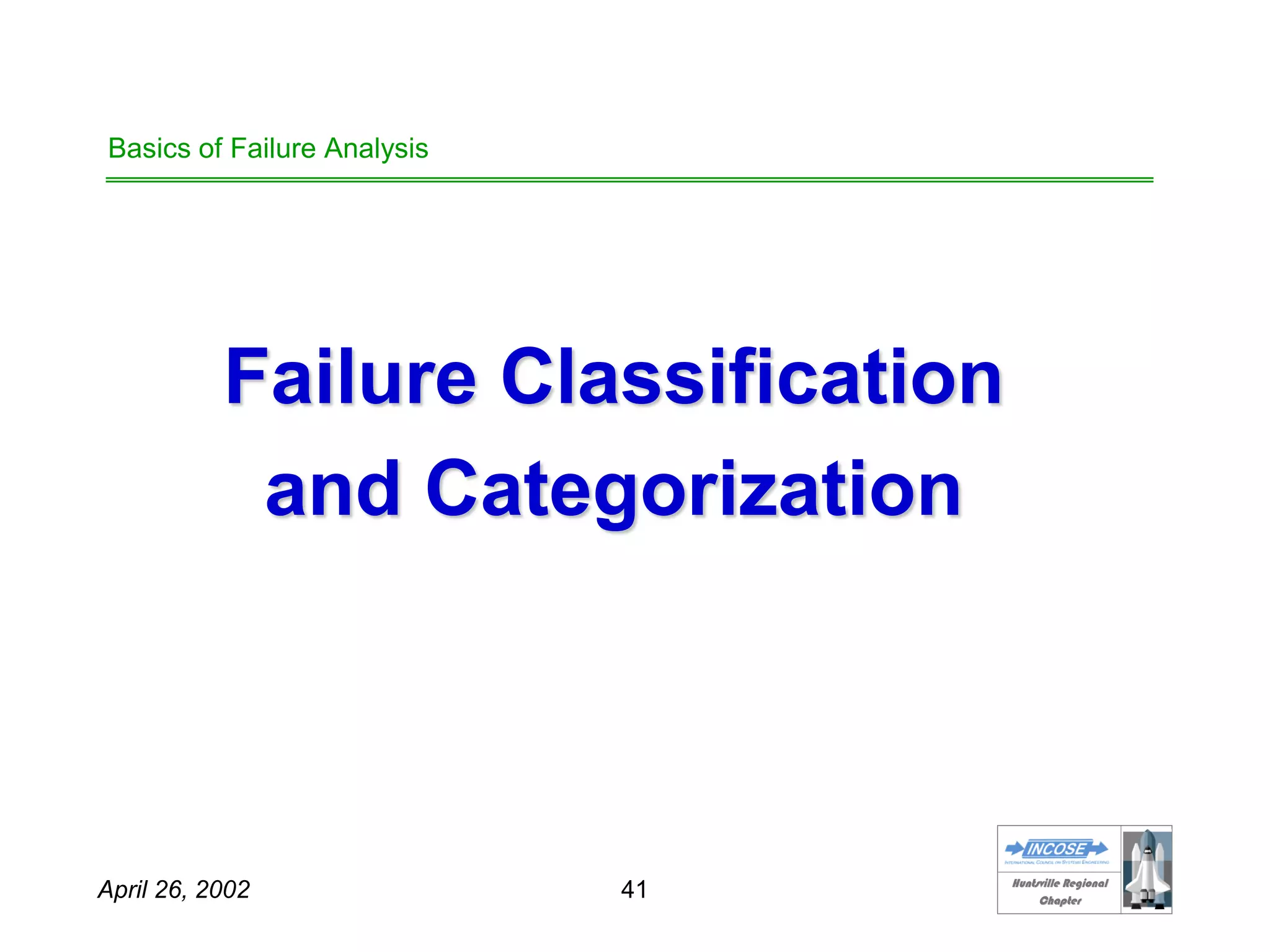 HHuunnttssvviillllee RReeggiioonnaall
CChhaapptteerr
April 26, 2002 41
Basics of Failure Analysis
Failure Classification
and Categorization
 