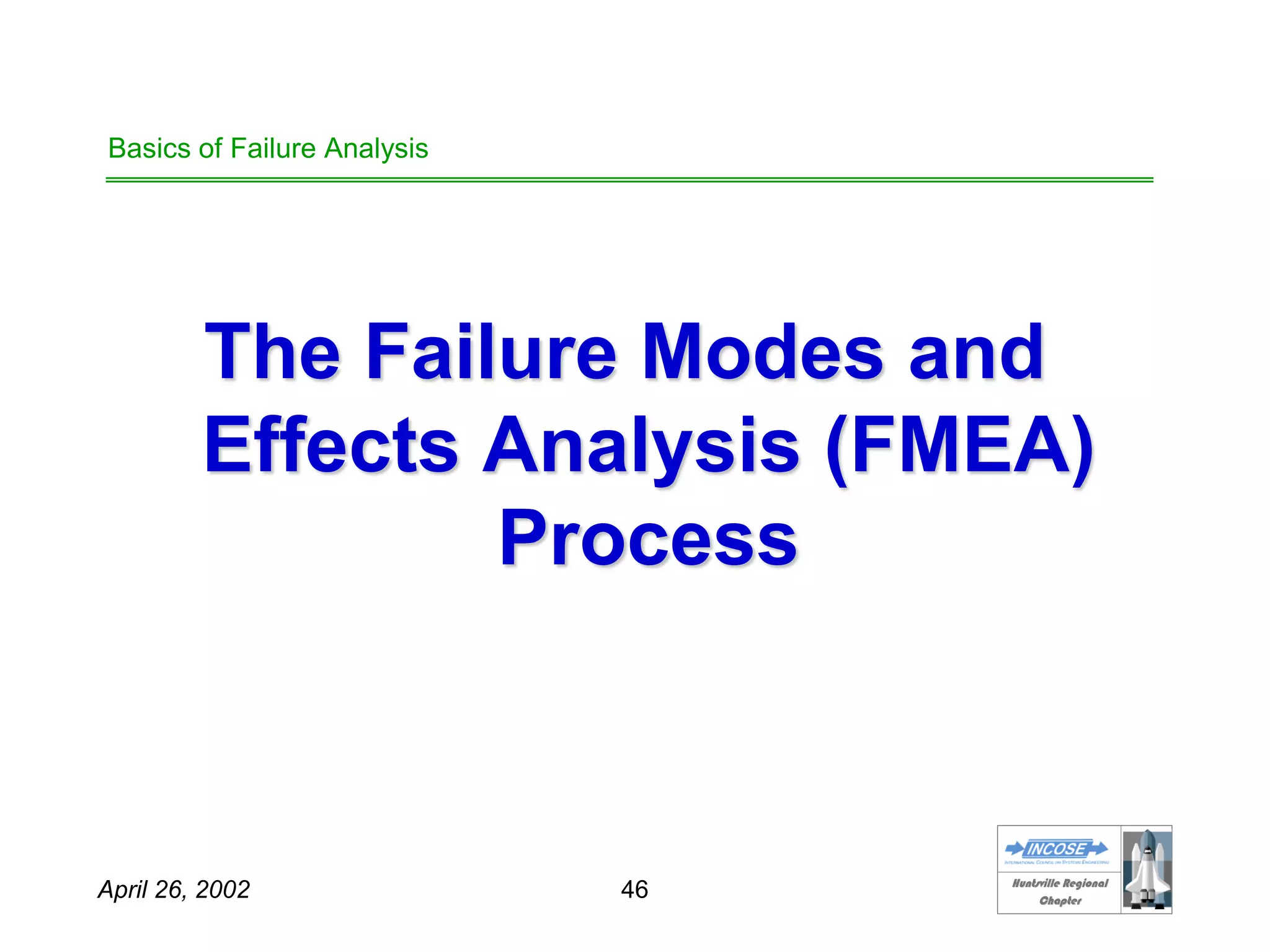 HHuunnttssvviillllee RReeggiioonnaall
CChhaapptteerr
April 26, 2002 46
Basics of Failure Analysis
The Failure Modes and
Effects Analysis (FMEA)
Process
 