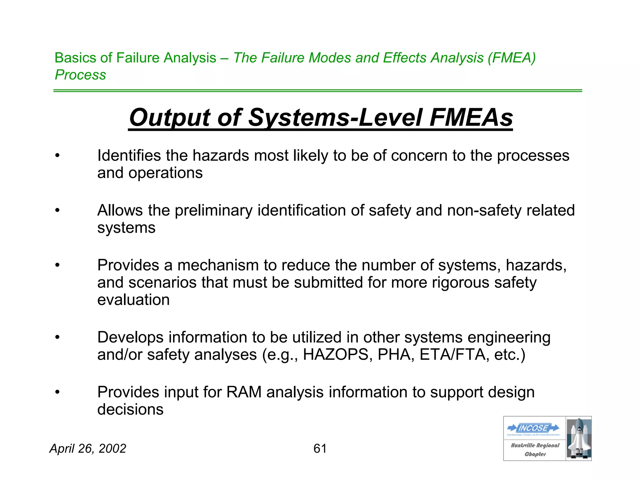 HHuunnttssvviillllee RReeggiioonnaall
CChhaapptteerr
April 26, 2002 61
Basics of Failure Analysis – The Failure Modes and Effects Analysis (FMEA)
Process
Output of Systems-Level FMEAs
• Identifies the hazards most likely to be of concern to the processes
and operations
• Allows the preliminary identification of safety and non-safety related
systems
• Provides a mechanism to reduce the number of systems, hazards,
and scenarios that must be submitted for more rigorous safety
evaluation
• Develops information to be utilized in other systems engineering
and/or safety analyses (e.g., HAZOPS, PHA, ETA/FTA, etc.)
• Provides input for RAM analysis information to support design
decisions
 
