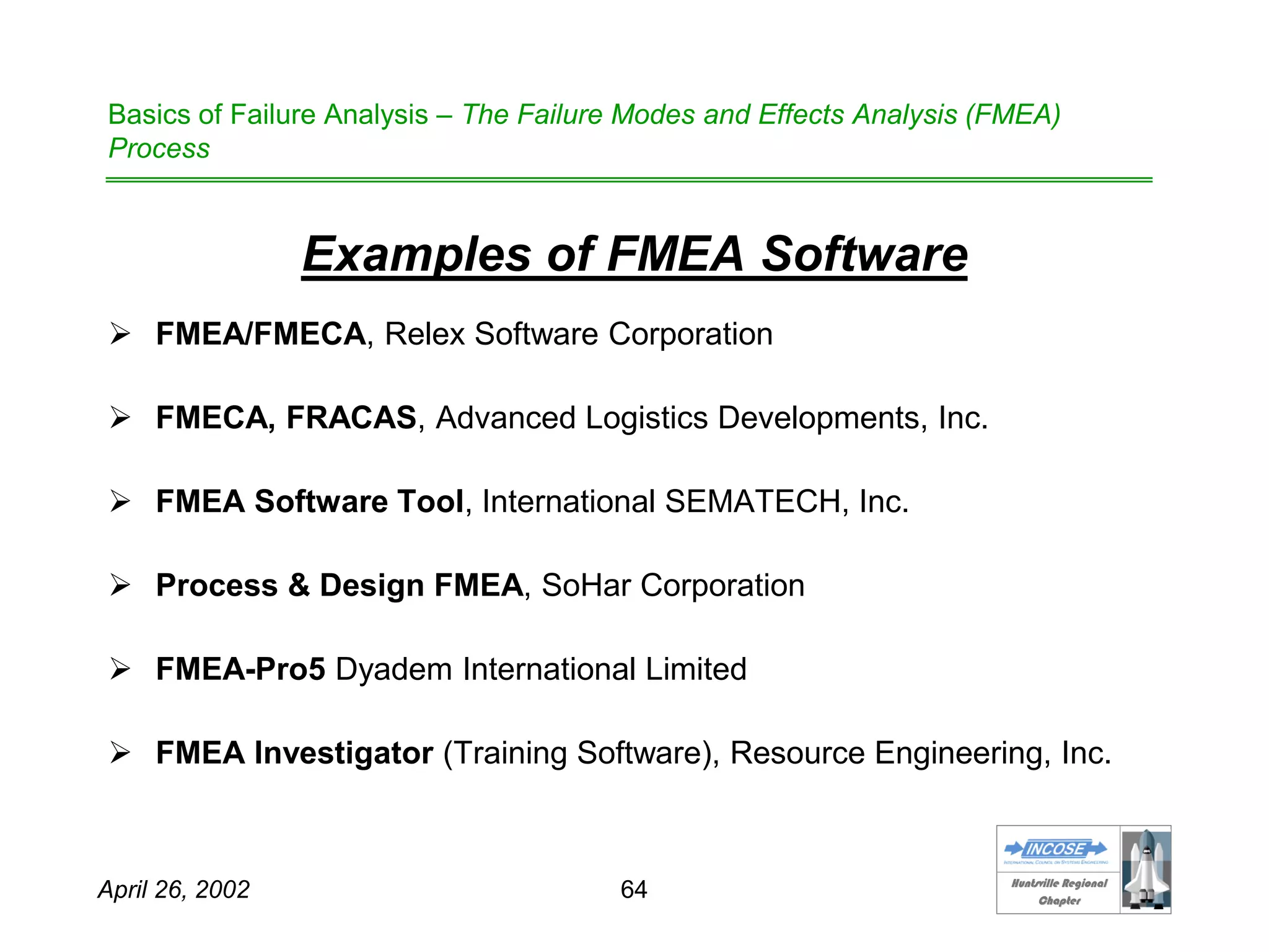 HHuunnttssvviillllee RReeggiioonnaall
CChhaapptteerr
April 26, 2002 64
Basics of Failure Analysis – The Failure Modes and Effects Analysis (FMEA)
Process
Examples of FMEA Software
 FMEA/FMECA, Relex Software Corporation
 FMECA, FRACAS, Advanced Logistics Developments, Inc.
 FMEA Software Tool, International SEMATECH, Inc.
 Process & Design FMEA, SoHar Corporation
 FMEA-Pro5 Dyadem International Limited
 FMEA Investigator (Training Software), Resource Engineering, Inc.
 