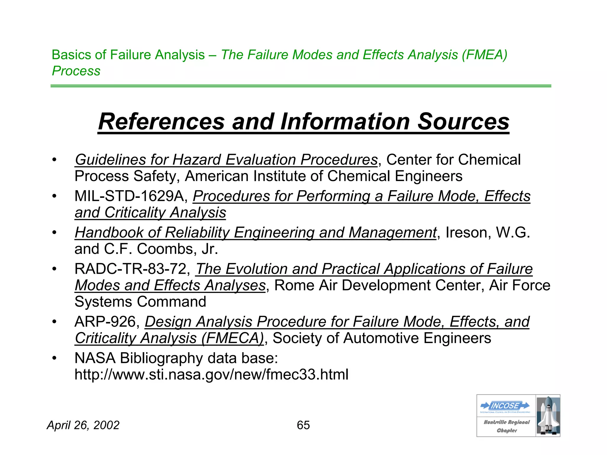 HHuunnttssvviillllee RReeggiioonnaall
CChhaapptteerr
April 26, 2002 65
Basics of Failure Analysis – The Failure Modes and Effects Analysis (FMEA)
Process
References and Information Sources
• Guidelines for Hazard Evaluation Procedures, Center for Chemical
Process Safety, American Institute of Chemical Engineers
• MIL-STD-1629A, Procedures for Performing a Failure Mode, Effects
and Criticality Analysis
• Handbook of Reliability Engineering and Management, Ireson, W.G.
and C.F. Coombs, Jr.
• RADC-TR-83-72, The Evolution and Practical Applications of Failure
Modes and Effects Analyses, Rome Air Development Center, Air Force
Systems Command
• ARP-926, Design Analysis Procedure for Failure Mode, Effects, and
Criticality Analysis (FMECA), Society of Automotive Engineers
• NASA Bibliography data base:
http://www.sti.nasa.gov/new/fmec33.html
 