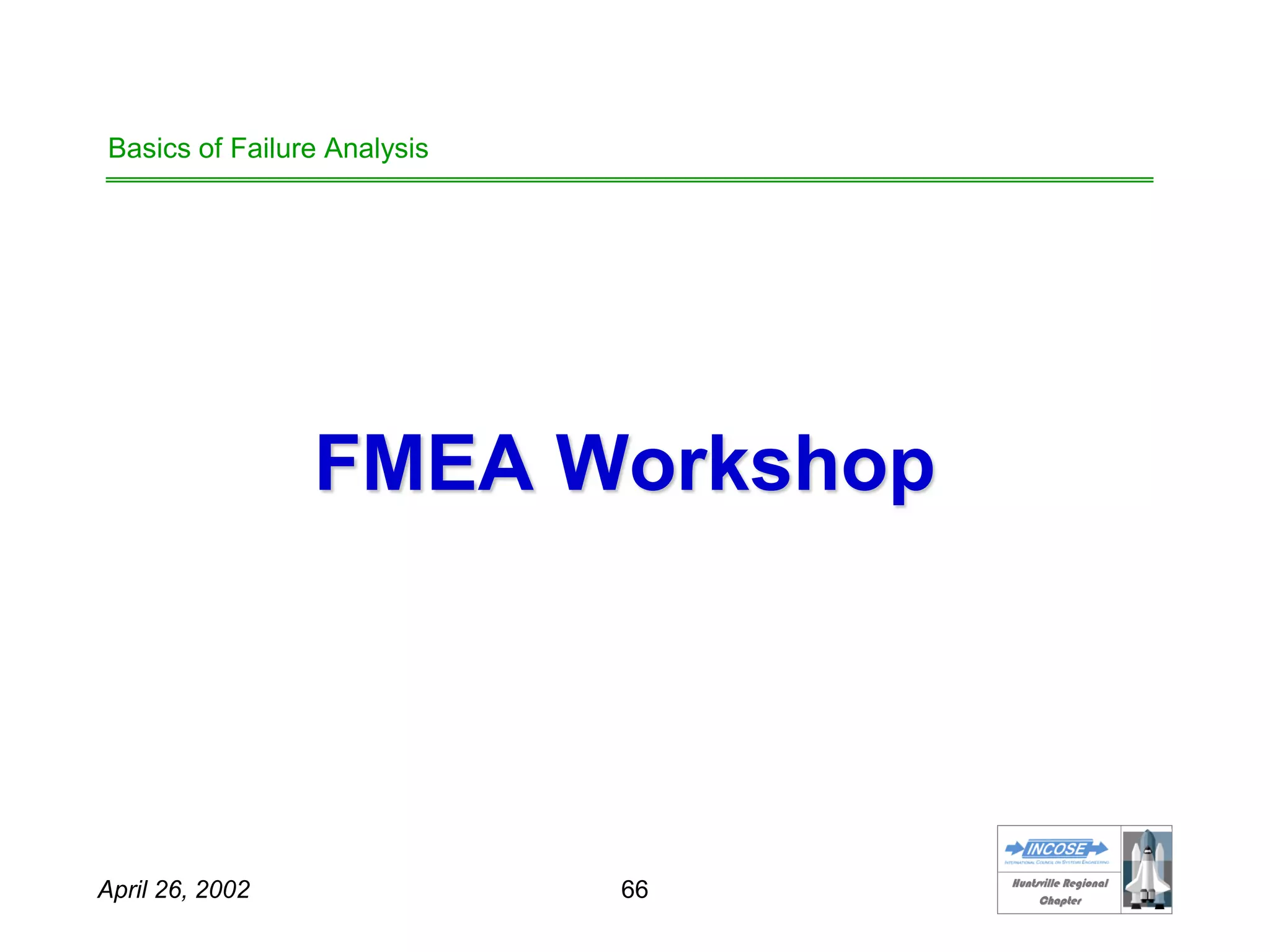 HHuunnttssvviillllee RReeggiioonnaall
CChhaapptteerr
April 26, 2002 66
Basics of Failure Analysis
FMEA Workshop
 