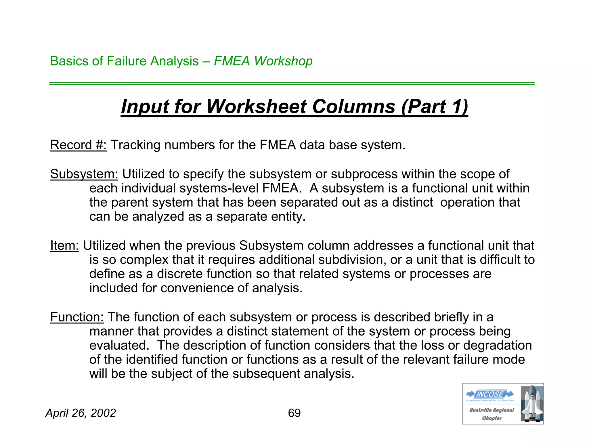 HHuunnttssvviillllee RReeggiioonnaall
CChhaapptteerr
April 26, 2002 69
Basics of Failure Analysis – FMEA Workshop
Input for Worksheet Columns (Part 1)
Record #: Tracking numbers for the FMEA data base system.
Subsystem: Utilized to specify the subsystem or subprocess within the scope of
each individual systems-level FMEA. A subsystem is a functional unit within
the parent system that has been separated out as a distinct operation that
can be analyzed as a separate entity.
Item: Utilized when the previous Subsystem column addresses a functional unit that
is so complex that it requires additional subdivision, or a unit that is difficult to
define as a discrete function so that related systems or processes are
included for convenience of analysis.
Function: The function of each subsystem or process is described briefly in a
manner that provides a distinct statement of the system or process being
evaluated. The description of function considers that the loss or degradation
of the identified function or functions as a result of the relevant failure mode
will be the subject of the subsequent analysis.
 