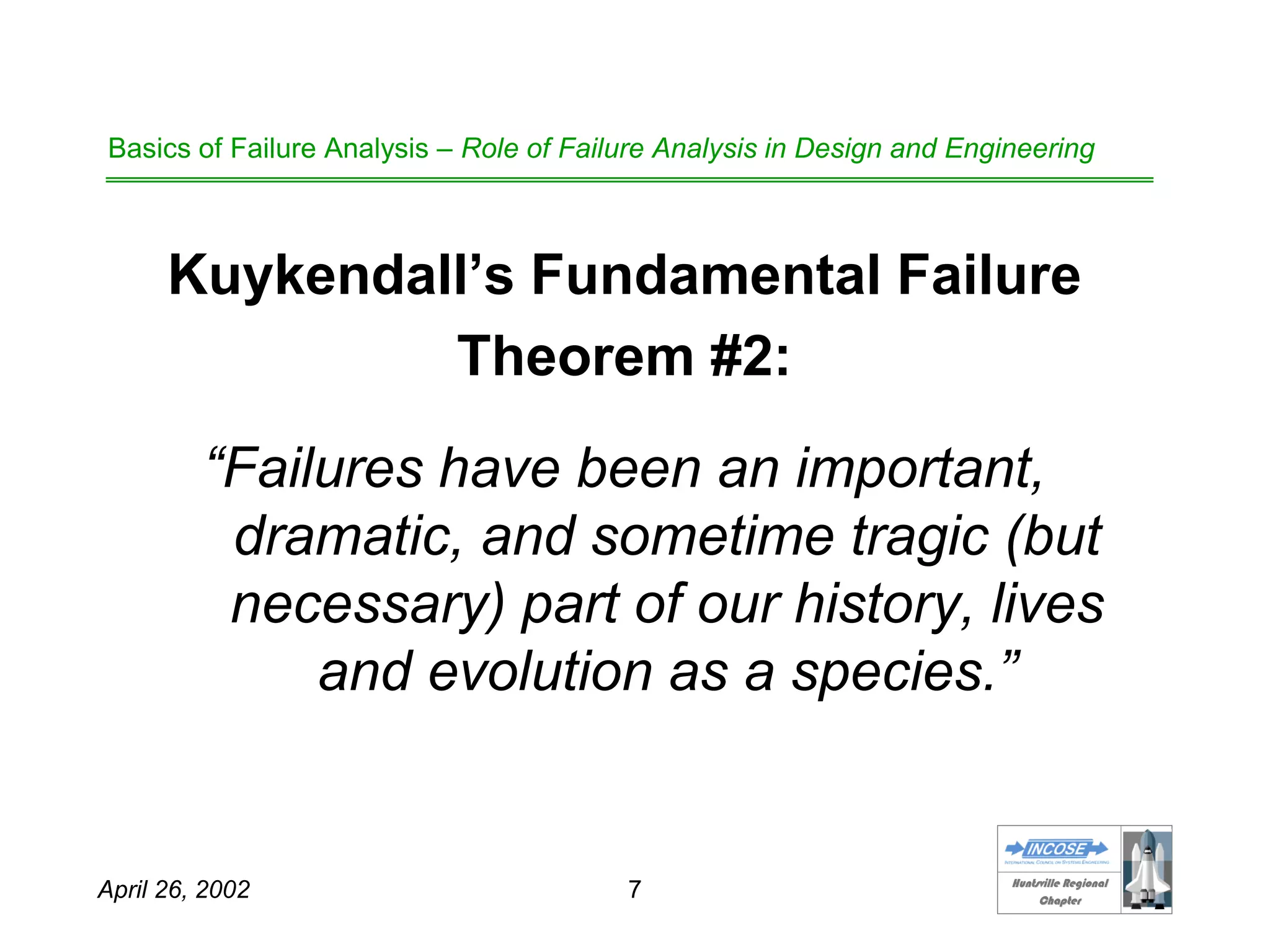 HHuunnttssvviillllee RReeggiioonnaall
CChhaapptteerr
April 26, 2002 7
Basics of Failure Analysis – Role of Failure Analysis in Design and Engineering
Kuykendall’s Fundamental Failure
Theorem #2:
“Failures have been an important,
dramatic, and sometime tragic (but
necessary) part of our history, lives
and evolution as a species.”
 