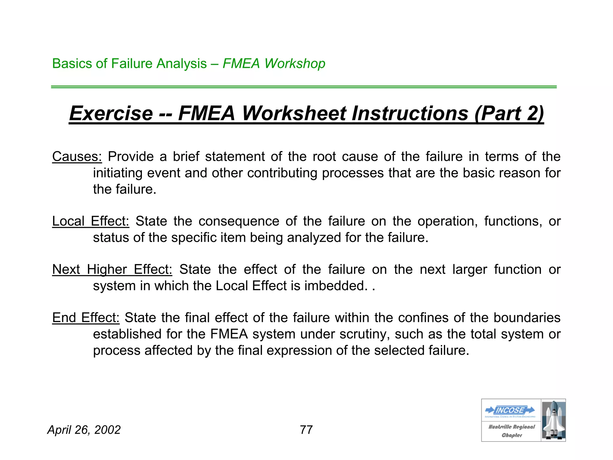 HHuunnttssvviillllee RReeggiioonnaall
CChhaapptteerr
April 26, 2002 77
Basics of Failure Analysis – FMEA Workshop
Exercise -- FMEA Worksheet Instructions (Part 2)
Causes: Provide a brief statement of the root cause of the failure in terms of the
initiating event and other contributing processes that are the basic reason for
the failure.
Local Effect: State the consequence of the failure on the operation, functions, or
status of the specific item being analyzed for the failure.
Next Higher Effect: State the effect of the failure on the next larger function or
system in which the Local Effect is imbedded. .
End Effect: State the final effect of the failure within the confines of the boundaries
established for the FMEA system under scrutiny, such as the total system or
process affected by the final expression of the selected failure.
 