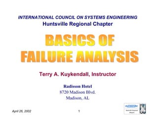 HHuunnttssvviillllee RReeggiioonnaall
CChhaapptteerr
April 26, 2002 1
INTERNATIONAL COUNCIL ON SYSTEMS ENGINEERING
Huntsville Regional Chapter
Terry A. Kuykendall, Instructor
Radisson Hotel
8720 Madison Blvd.
Madison, AL
 