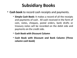 Subsidiary Books
• Cash book to record cash receipts and payments.
• Simple Cash Book: It makes a record of all the receipts
and payments of cash. All cash received in the form of
coin, notes, cheques, postal orders, bank drafts or
treasury notes will be recorded on the debit side and
payments on the credit side.
• Cash Book with Discount Column
• Cash Book with Discount and Bank Column (Three
column cash book)

 