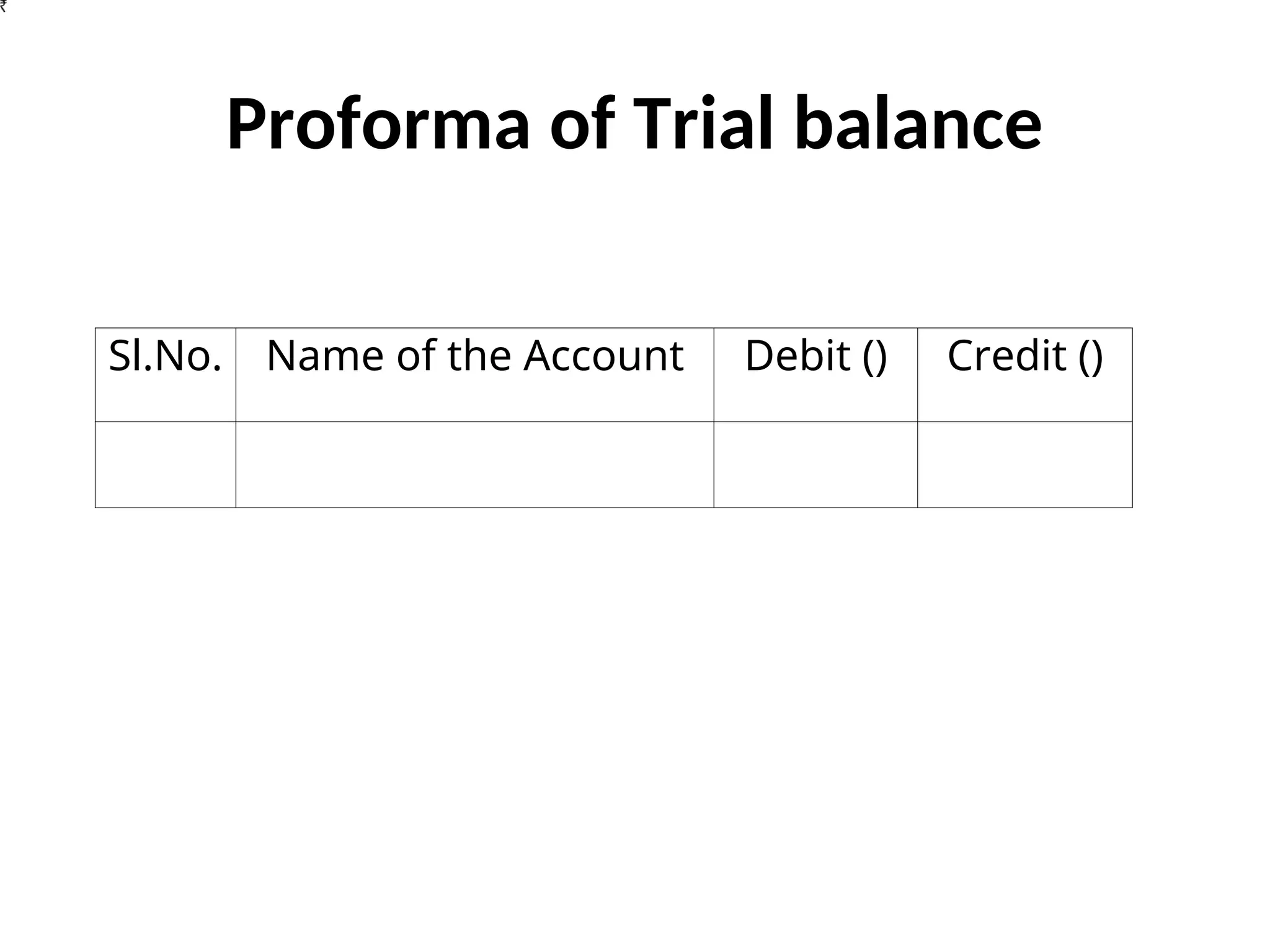 Proforma of Trial balance
Sl.No. Name of the Account Debit () Credit ()
 