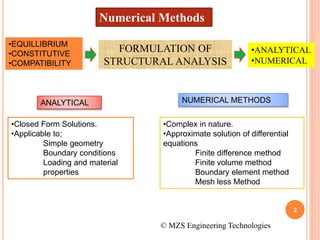2
Numerical Methods
FORMULATION OF
STRUCTURAL ANALYSIS
•EQUILLIBRIUM
•CONSTITUTIVE
•COMPATIBILITY
•ANALYTICAL
•NUMERICAL
ANALYTICAL
•Closed Form Solutions.
•Applicable to;
Simple geometry
Boundary conditions
Loading and material
properties
NUMERICAL METHODS
•Complex in nature.
•Approximate solution of differential
equations
Finite difference method
Finite volume method
Boundary element method
Mesh less Method
© MZS Engineering Technologies
 
