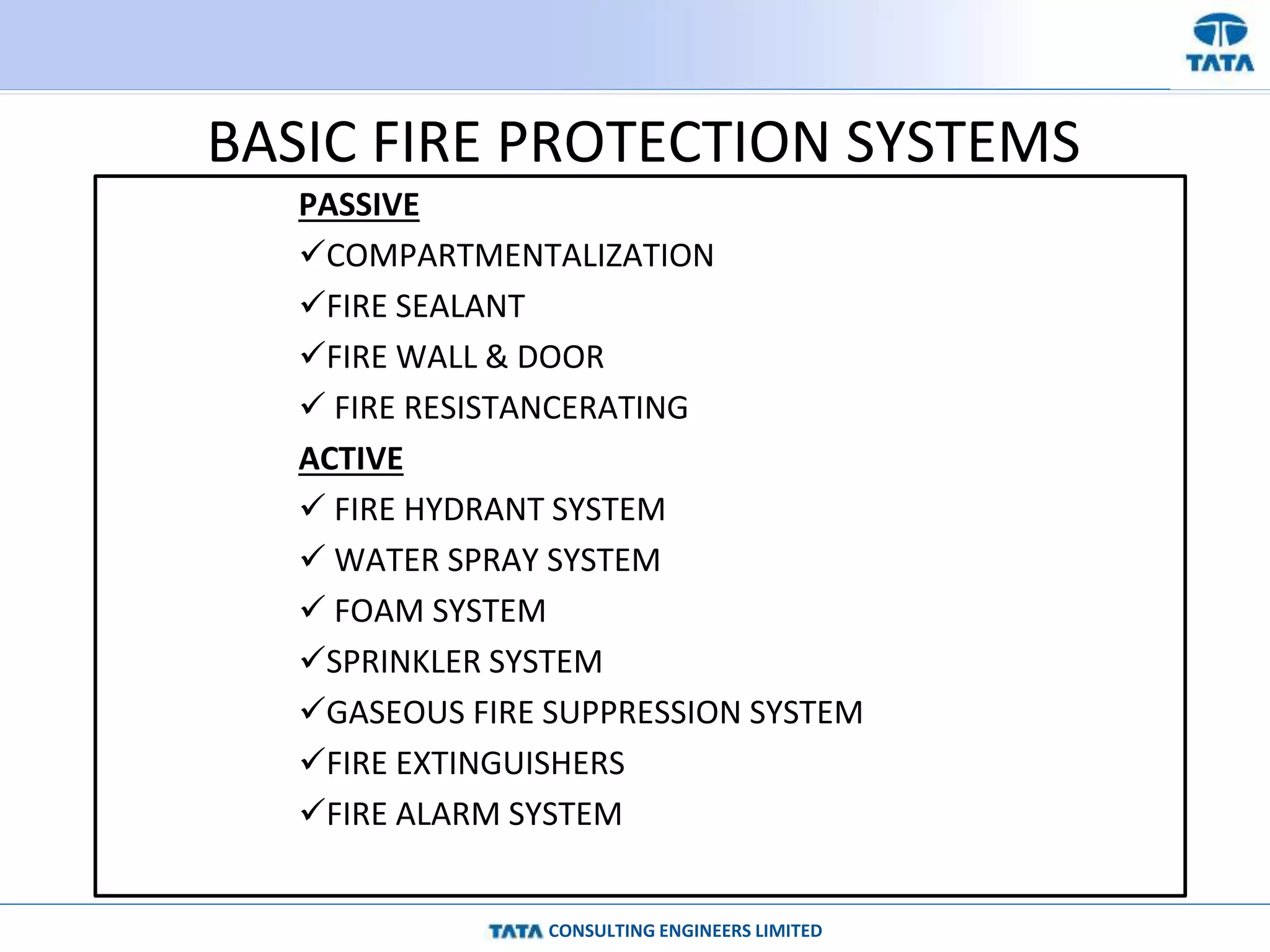 CONSULTING ENGINEERS LIMITED
BASIC FIRE PROTECTION SYSTEMS
PASSIVE
COMPARTMENTALIZATION
FIRE SEALANT
FIRE WALL & DOOR
 FIRE RESISTANCERATING
ACTIVE
 FIRE HYDRANT SYSTEM
 WATER SPRAY SYSTEM
 FOAM SYSTEM
SPRINKLER SYSTEM
GASEOUS FIRE SUPPRESSION SYSTEM
FIRE EXTINGUISHERS
FIRE ALARM SYSTEM
 