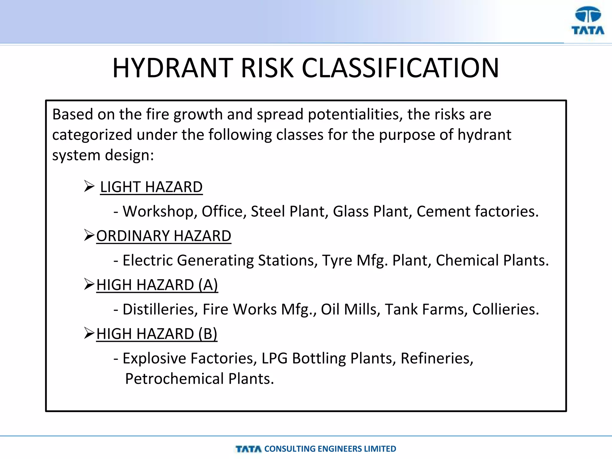 CONSULTING ENGINEERS LIMITED
HYDRANT RISK CLASSIFICATION
Based on the fire growth and spread potentialities, the risks are
categorized under the following classes for the purpose of hydrant
system design:
 LIGHT HAZARD
- Workshop, Office, Steel Plant, Glass Plant, Cement factories.
ORDINARY HAZARD
- Electric Generating Stations, Tyre Mfg. Plant, Chemical Plants.
HIGH HAZARD (A)
- Distilleries, Fire Works Mfg., Oil Mills, Tank Farms, Collieries.
HIGH HAZARD (B)
- Explosive Factories, LPG Bottling Plants, Refineries,
Petrochemical Plants.
 