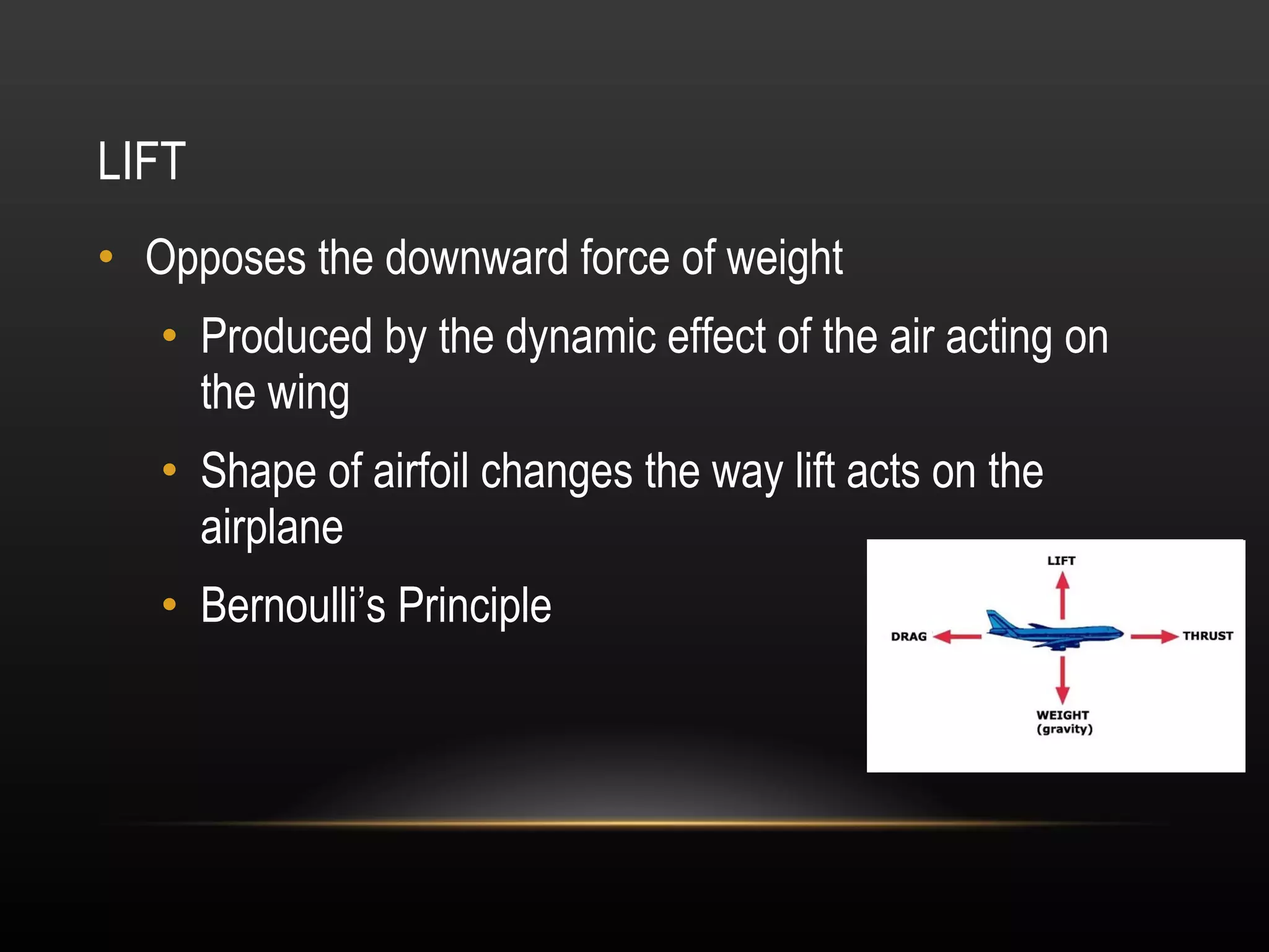 LIFT Opposes the downward force of weight Produced by the dynamic effect of the air acting on the wing Shape of airfoil changes the way lift acts on the airplane Bernoulli’s Principle 