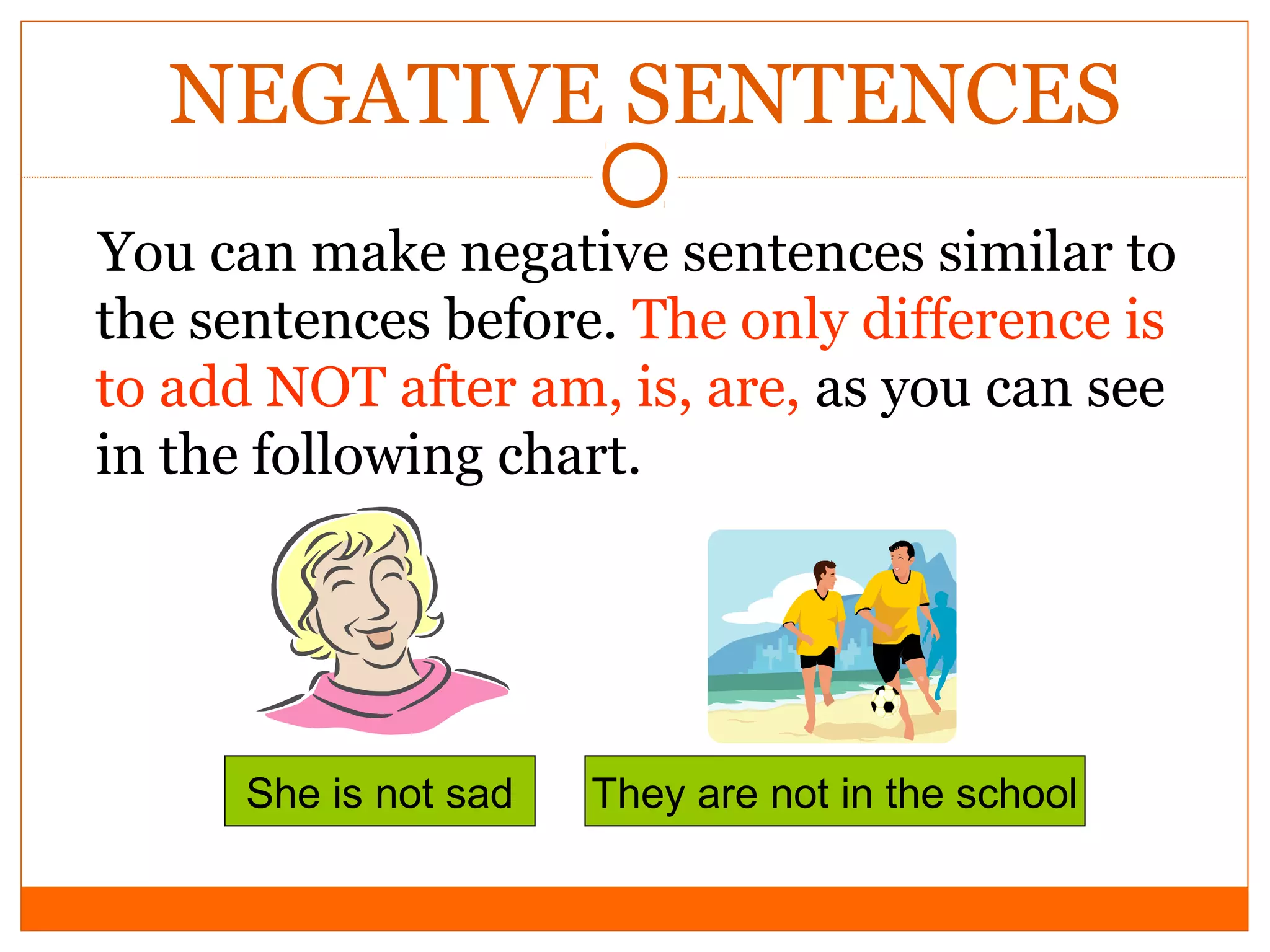 NEGATIVE SENTENCES
You can make negative sentences similar to
the sentences before. The only difference is
to add NOT after am, is, are, as you can see
in the following chart.

She is not sad

They are not in the school

 