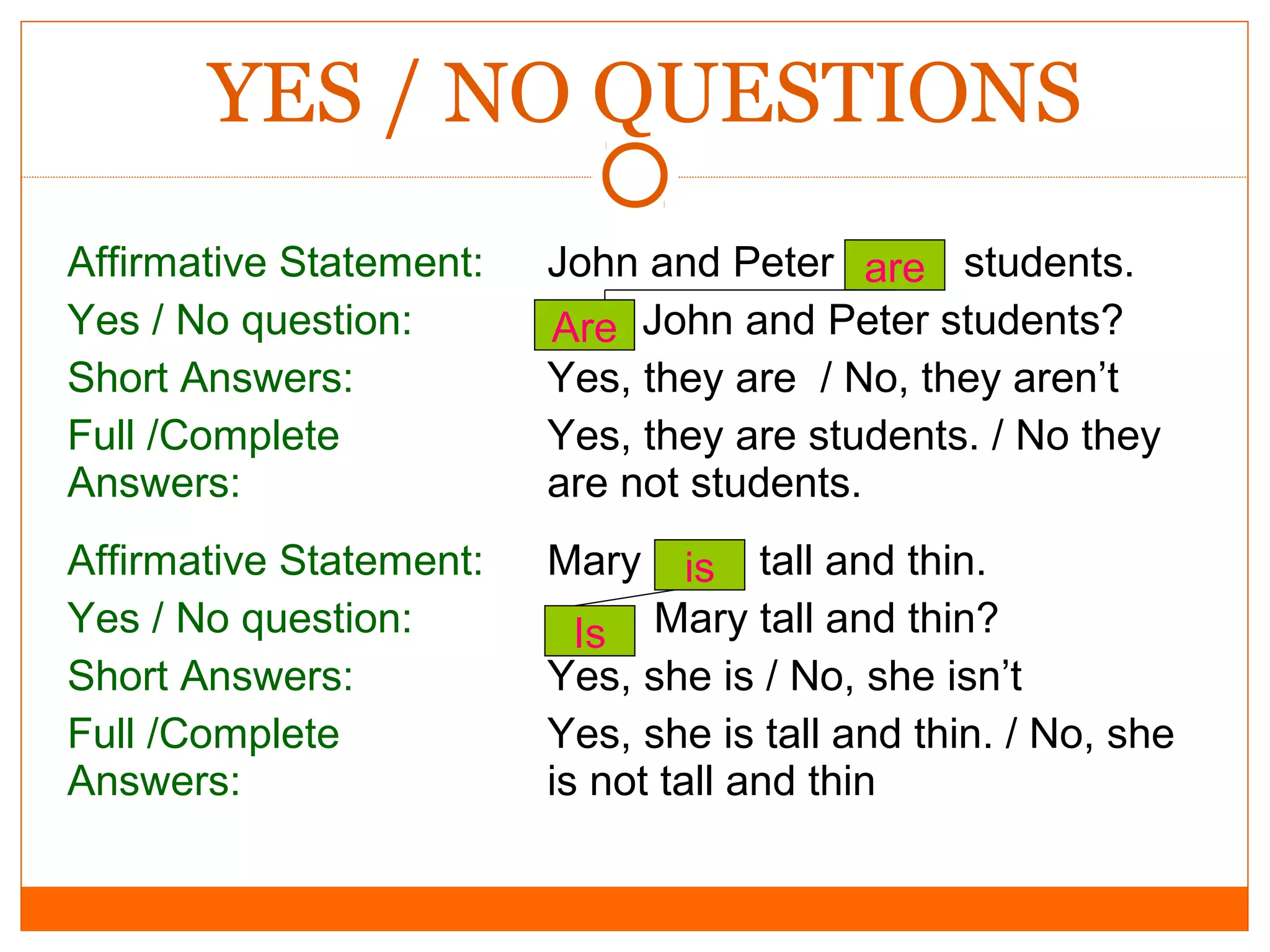 YES / NO QUESTIONS
Affirmative Statement:
Yes / No question:
Short Answers:
Full /Complete
Answers:

John and Peter are students.
Are John and Peter students?
Yes, they are / No, they aren’t
Yes, they are students. / No they
are not students.

Affirmative Statement:
Yes / No question:
Short Answers:
Full /Complete
Answers:

Mary

is tall and thin.
Is Mary tall and thin?
Yes, she is / No, she isn’t
Yes, she is tall and thin. / No, she
is not tall and thin

 
