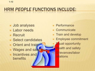 HRM People Functions Include:PerformanceCommunicateTrain and developEmployee commitmentEqual opportunityHealth and safetyGrievances/labor relationsJob analysesLabor needsRecruitSelect candidatesOrient and trainWages and salariesIncentives and benefits
